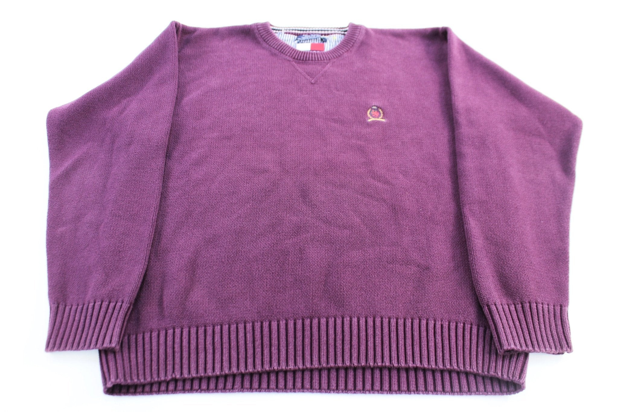 Tommy Hilfiger Embroidered Logo Burgundy Knit Sweater - Sweater - Thrifted Threads