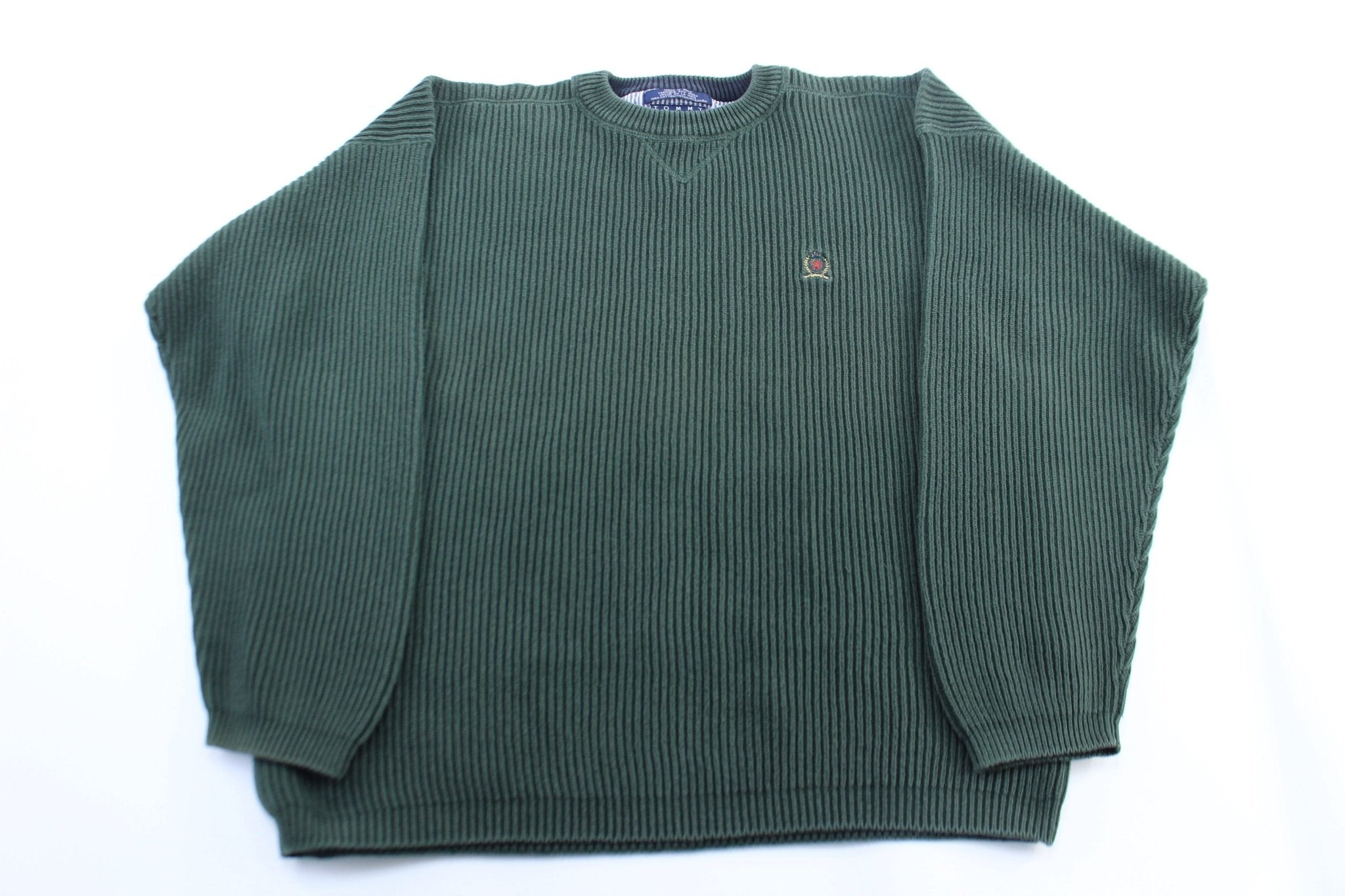 Tommy Hilfiger Embroidered Logo Green Pullover Sweater - ThriftedThreads.com