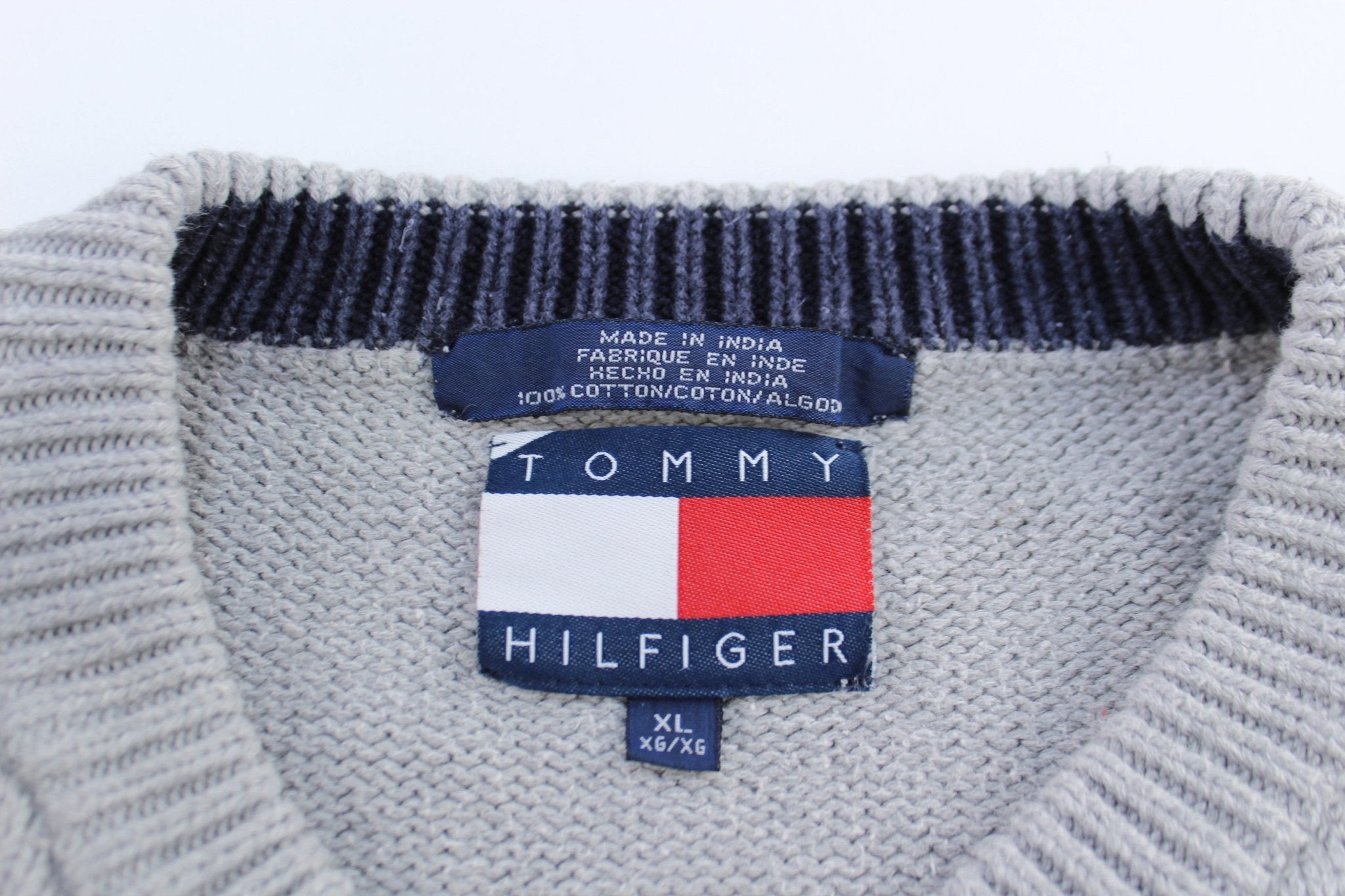 Tommy Hilfiger Embroidered Logo Grey Striped Sweater - ThriftedThreads.com