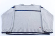 Tommy Hilfiger Embroidered Logo Grey Striped Sweater - ThriftedThreads.com