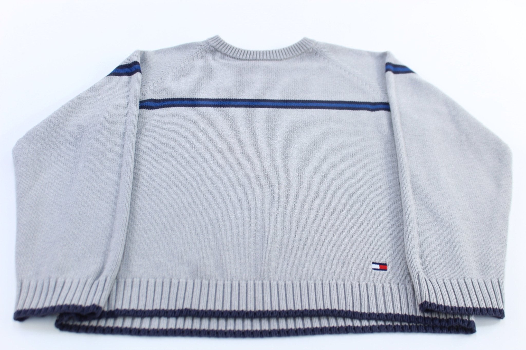 Tommy Hilfiger Embroidered Logo Grey Striped Sweater - ThriftedThreads.com