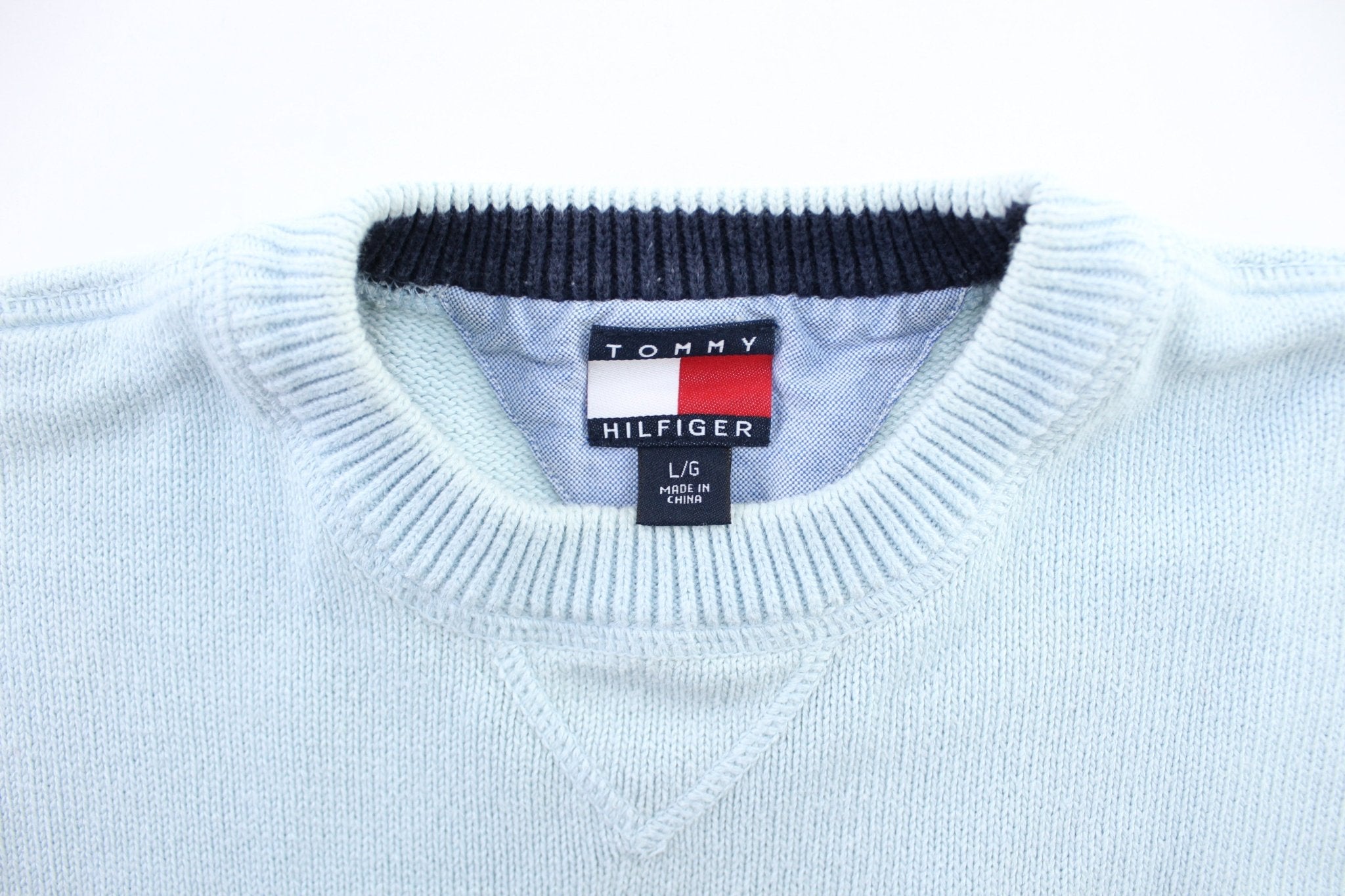Tommy Hilfiger Embroidered Logo Light Blue Sweater - ThriftedThreads.com