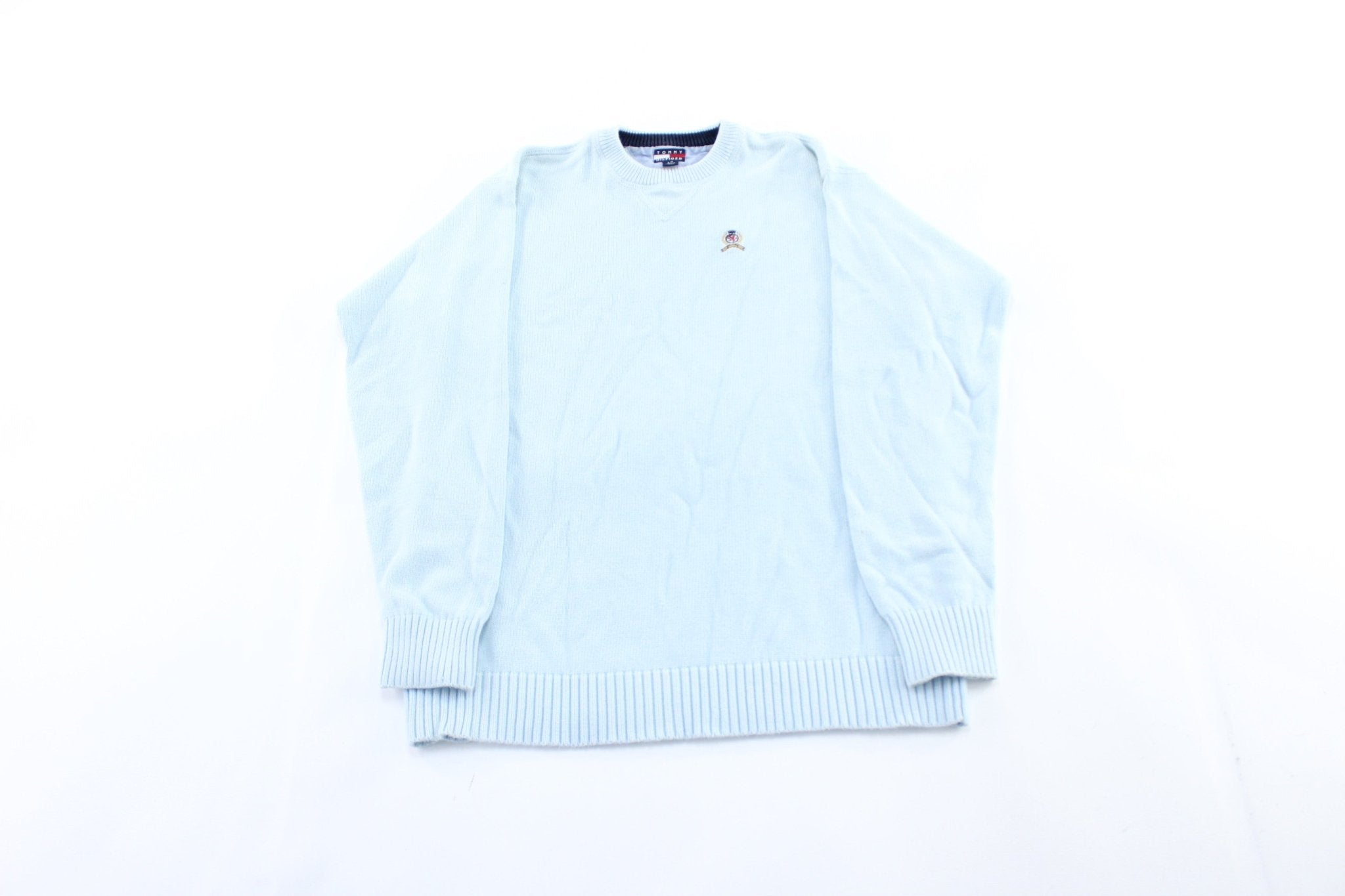 Tommy Hilfiger Embroidered Logo Light Blue Sweater - ThriftedThreads.com
