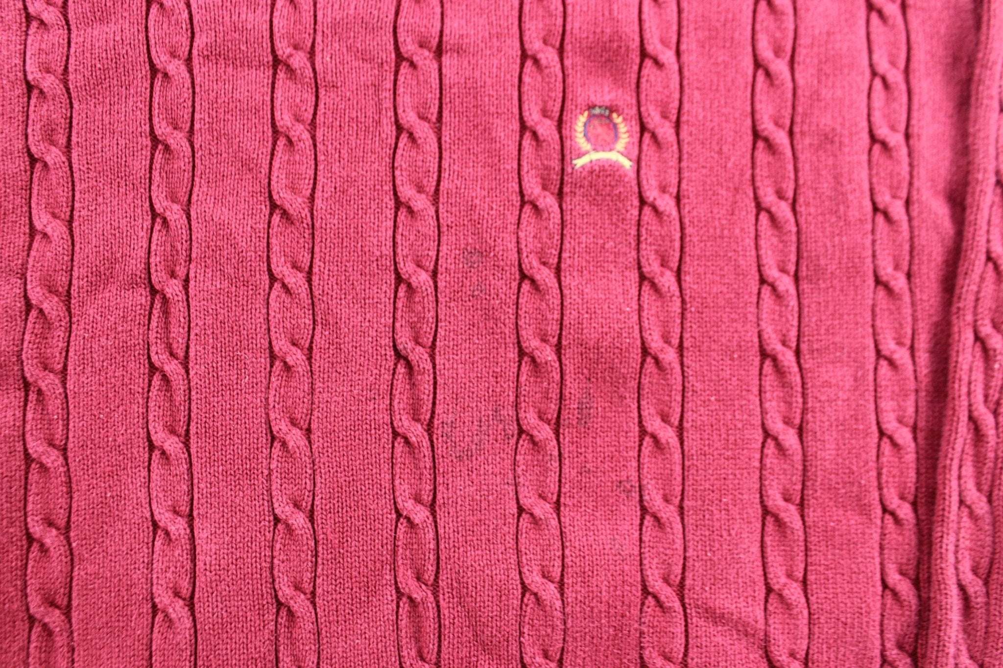 Tommy Hilfiger Embroidered Logo Maroon Cable Knit Sweater - ThriftedThreads.com