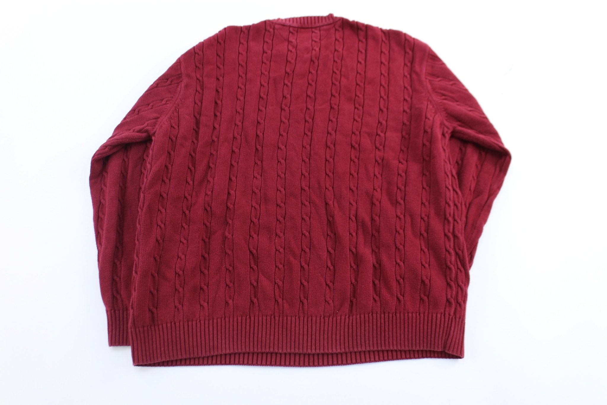 Tommy Hilfiger Embroidered Logo Maroon Cable Knit Sweater - ThriftedThreads.com
