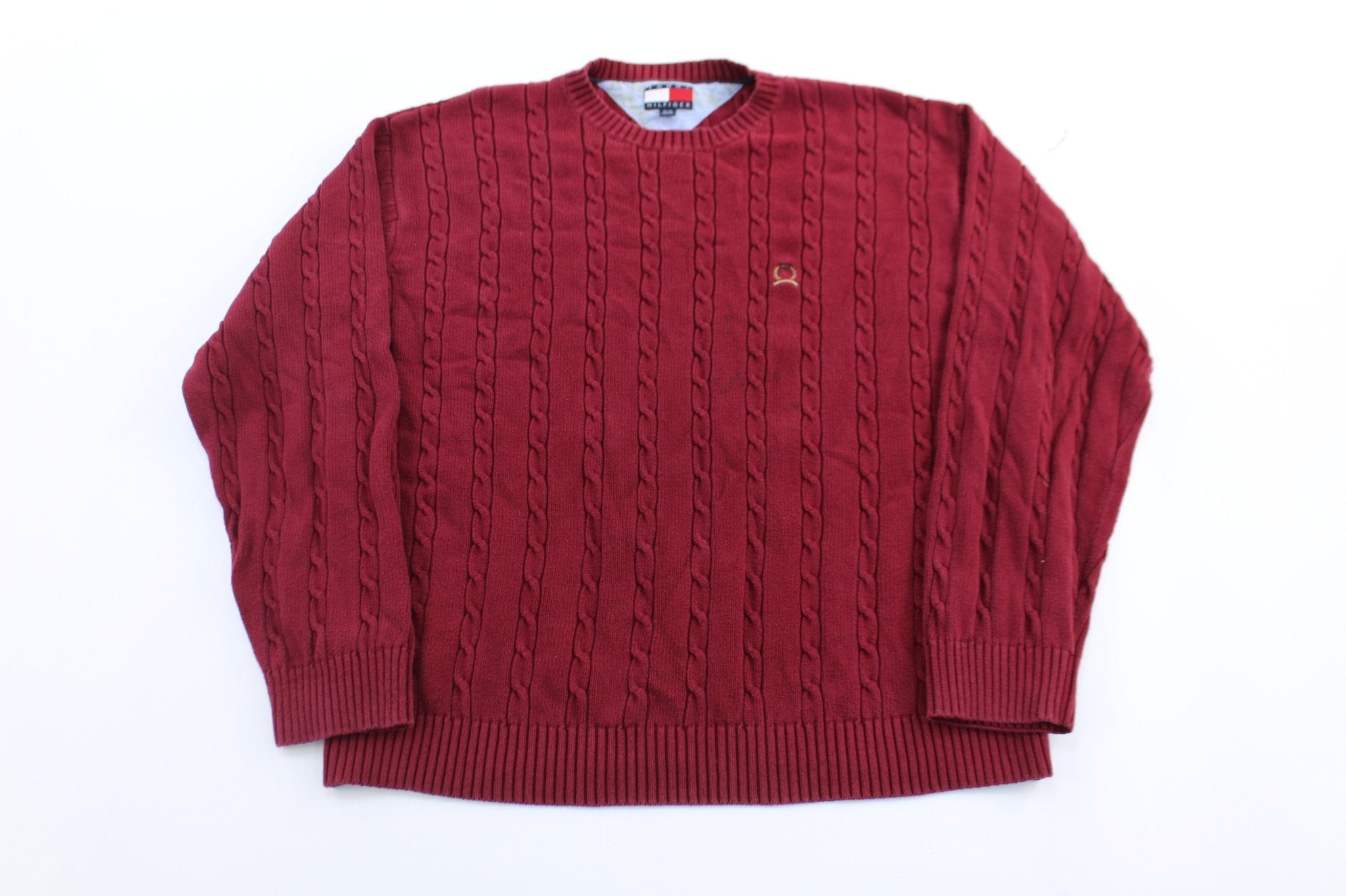 Tommy Hilfiger Embroidered Logo Maroon Cable Knit Sweater - ThriftedThreads.com