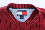 Tommy Hilfiger Embroidered Logo Maroon Cable Knit Sweater - ThriftedThreads.com