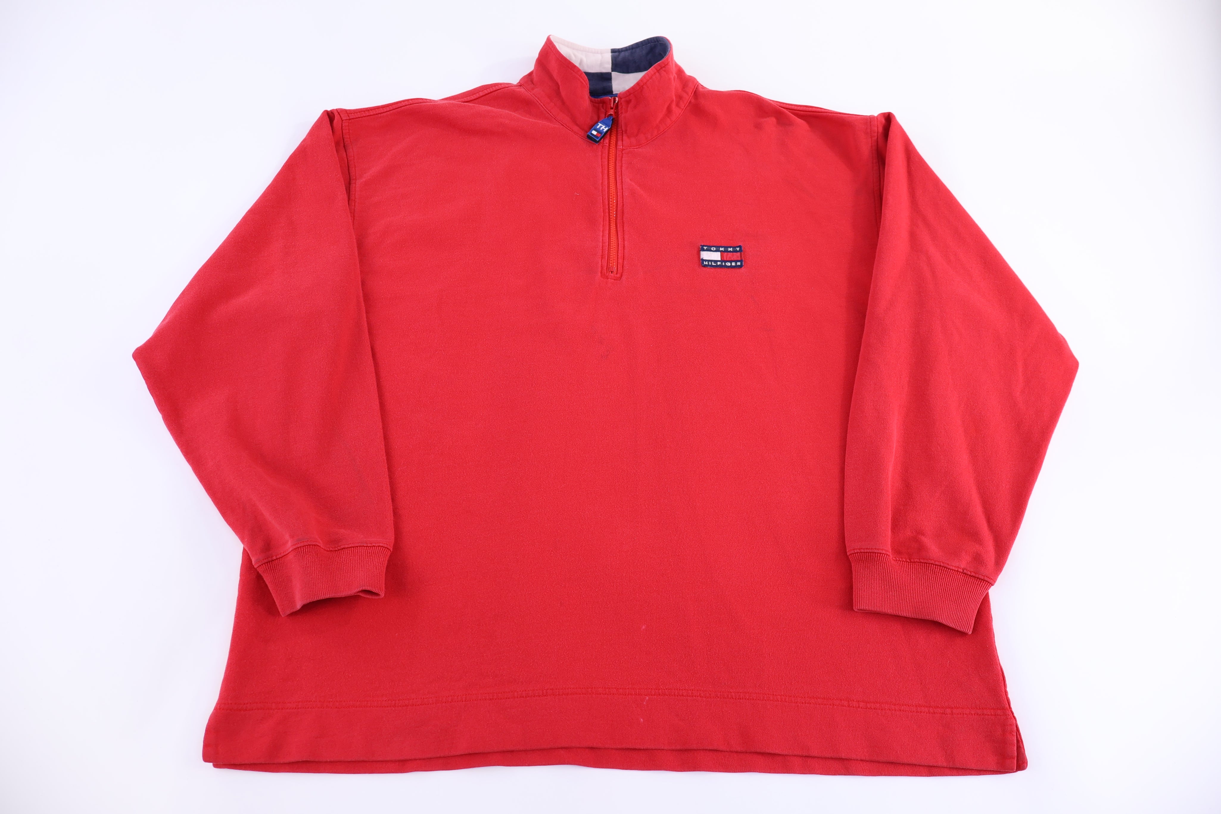 Tommy Hilfiger Embroidered Logo Red Quarter Zip Sweater - Sweater - Thrifted Threads