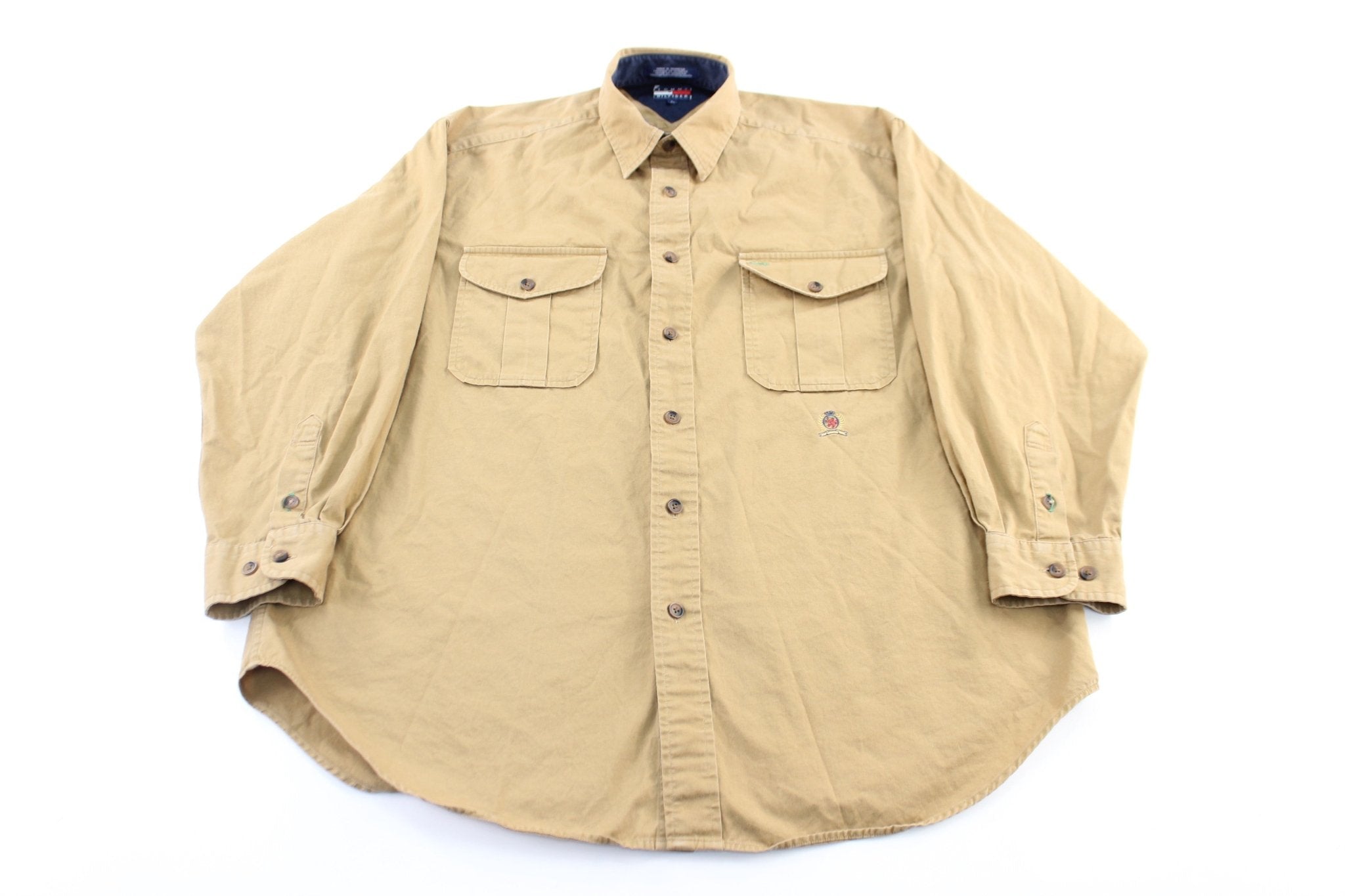 Tommy Hilfiger Embroidered Logo Tan LS Button Down - ThriftedThreads.com