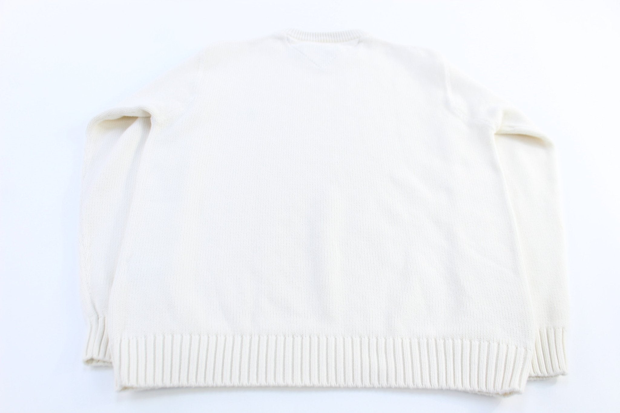 Tommy Hilfiger Embroidered Logo White Knit Sweater - ThriftedThreads.com