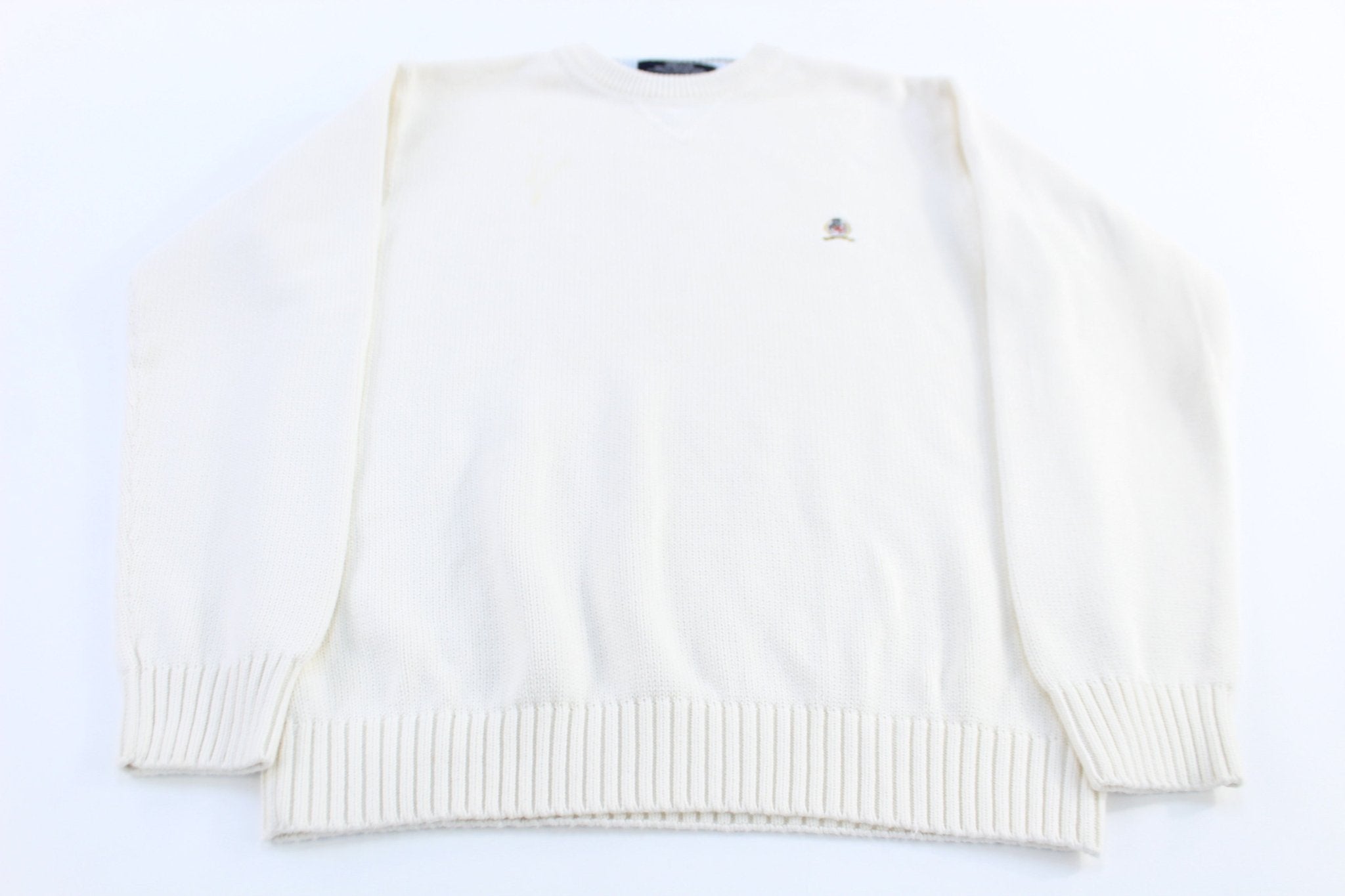 Tommy Hilfiger Embroidered Logo White Knit Sweater - ThriftedThreads.com