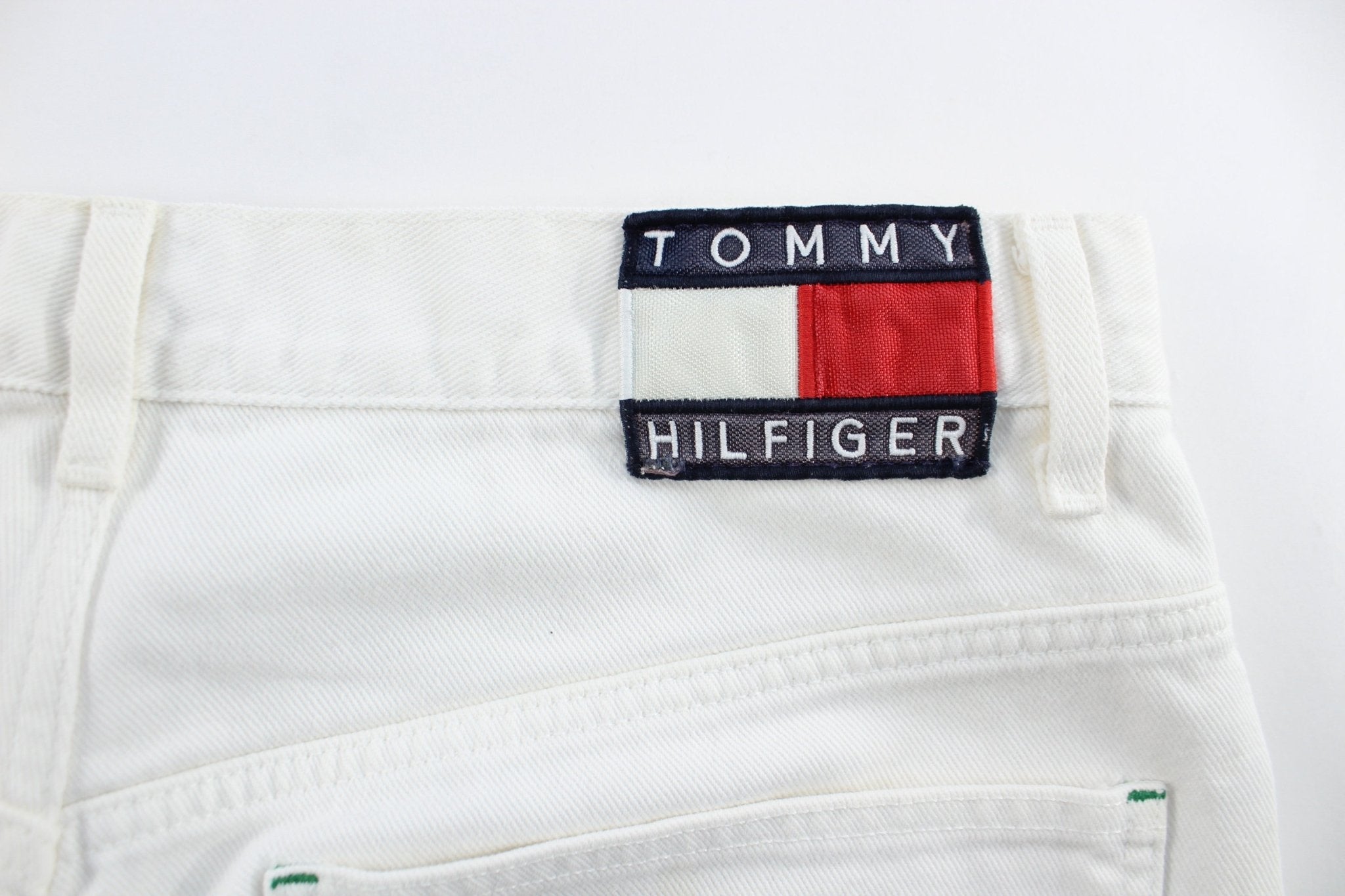 Tommy Hilfiger Logo Patch White Denim Shorts - ThriftedThreads.com