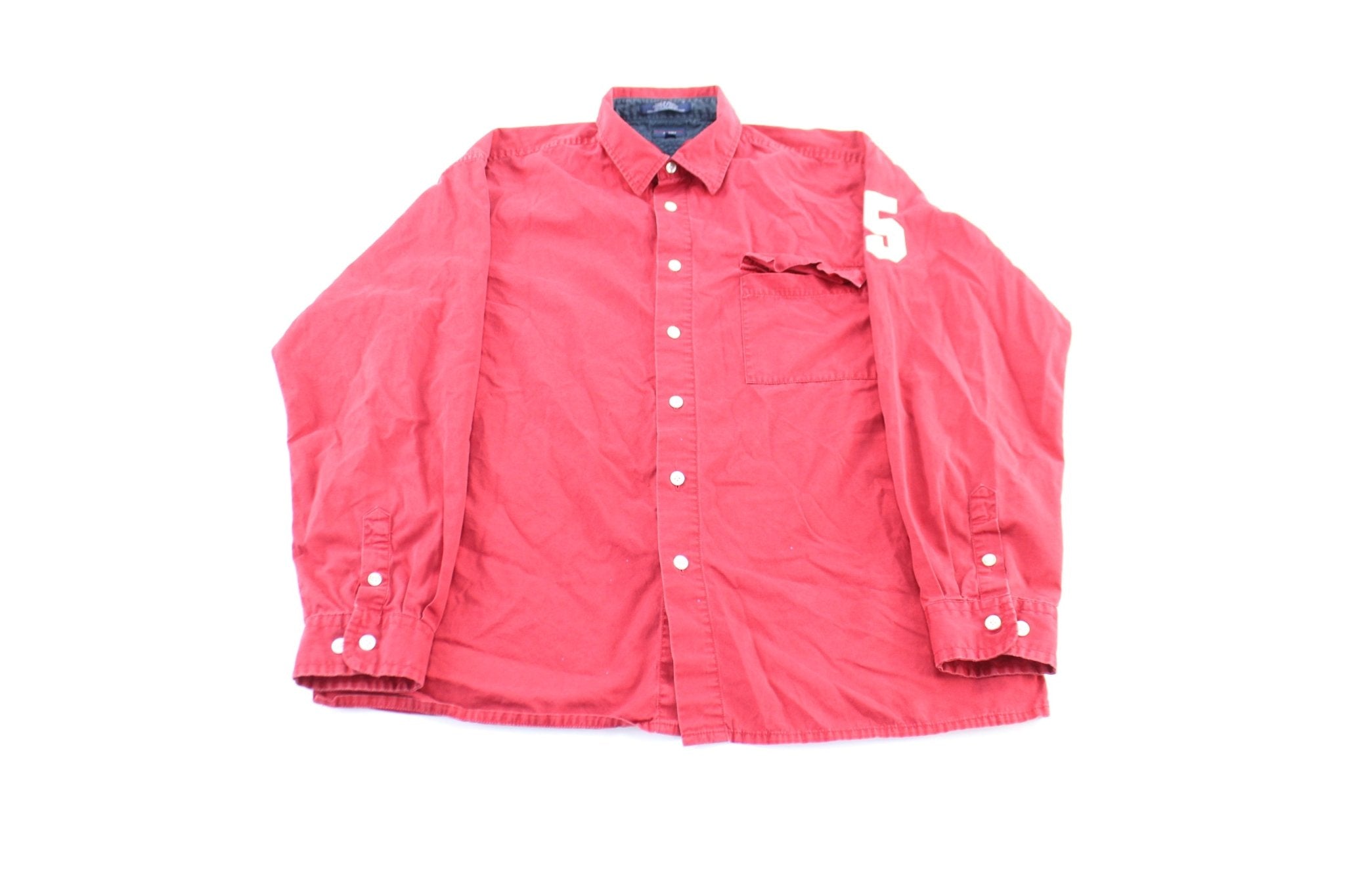 Tommy Jeans Embroidered Red LS Button Down Shirt - ThriftedThreads.com