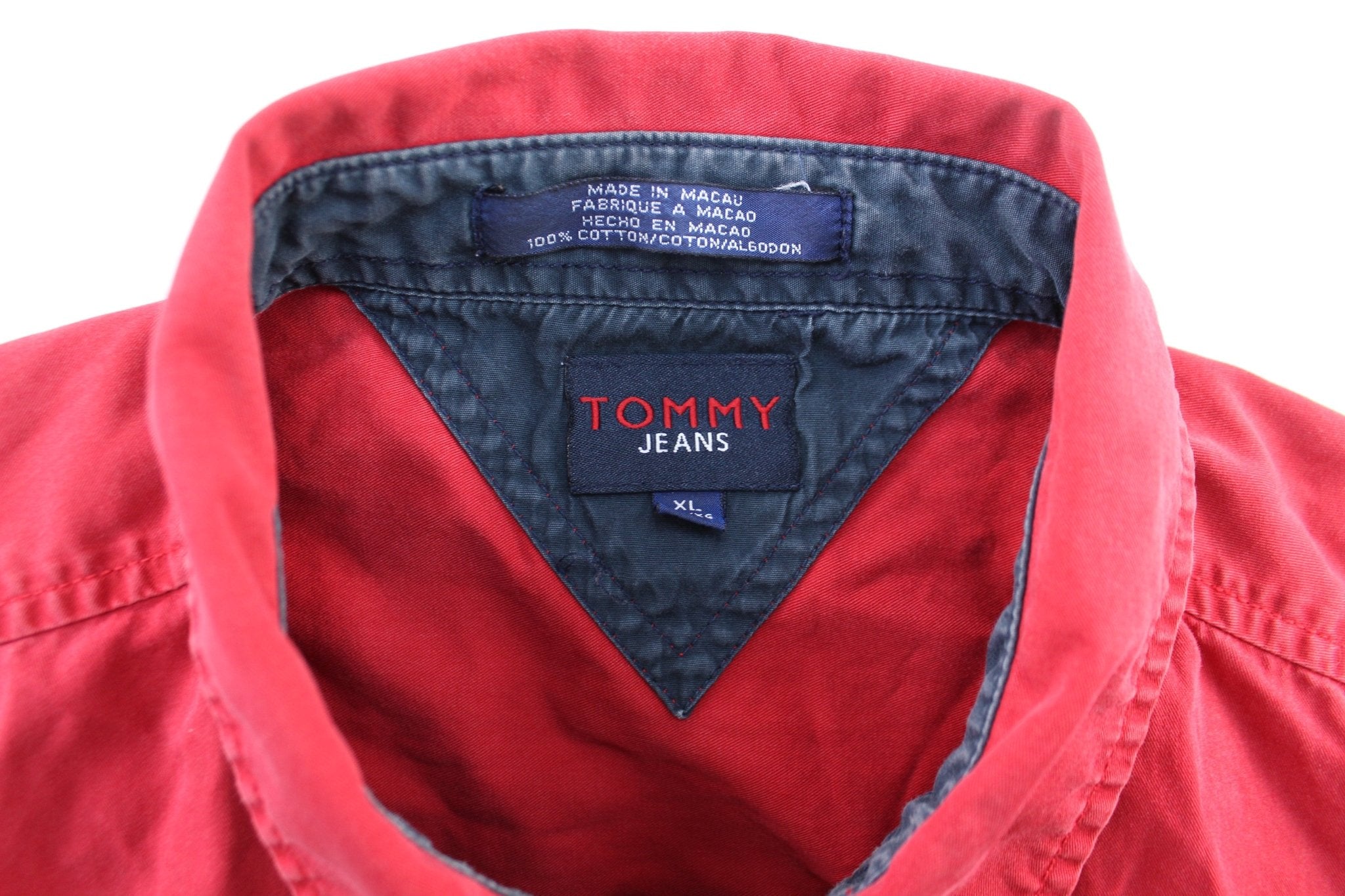 Tommy Jeans Embroidered Red LS Button Down Shirt - ThriftedThreads.com