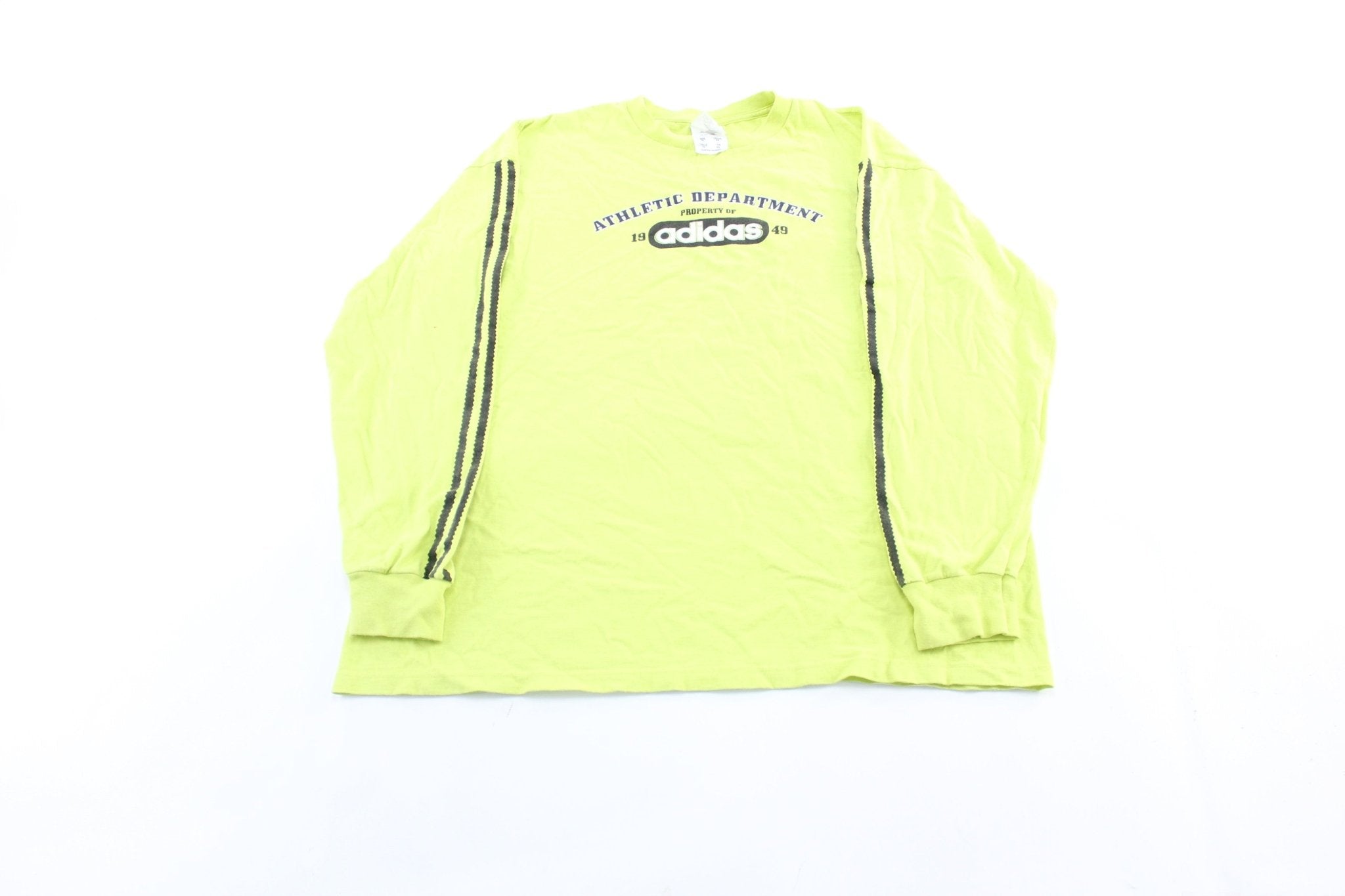 Vintage Adidas Athletic Department Neon & Black Striped LS T-Shirt - ThriftedThreads.com