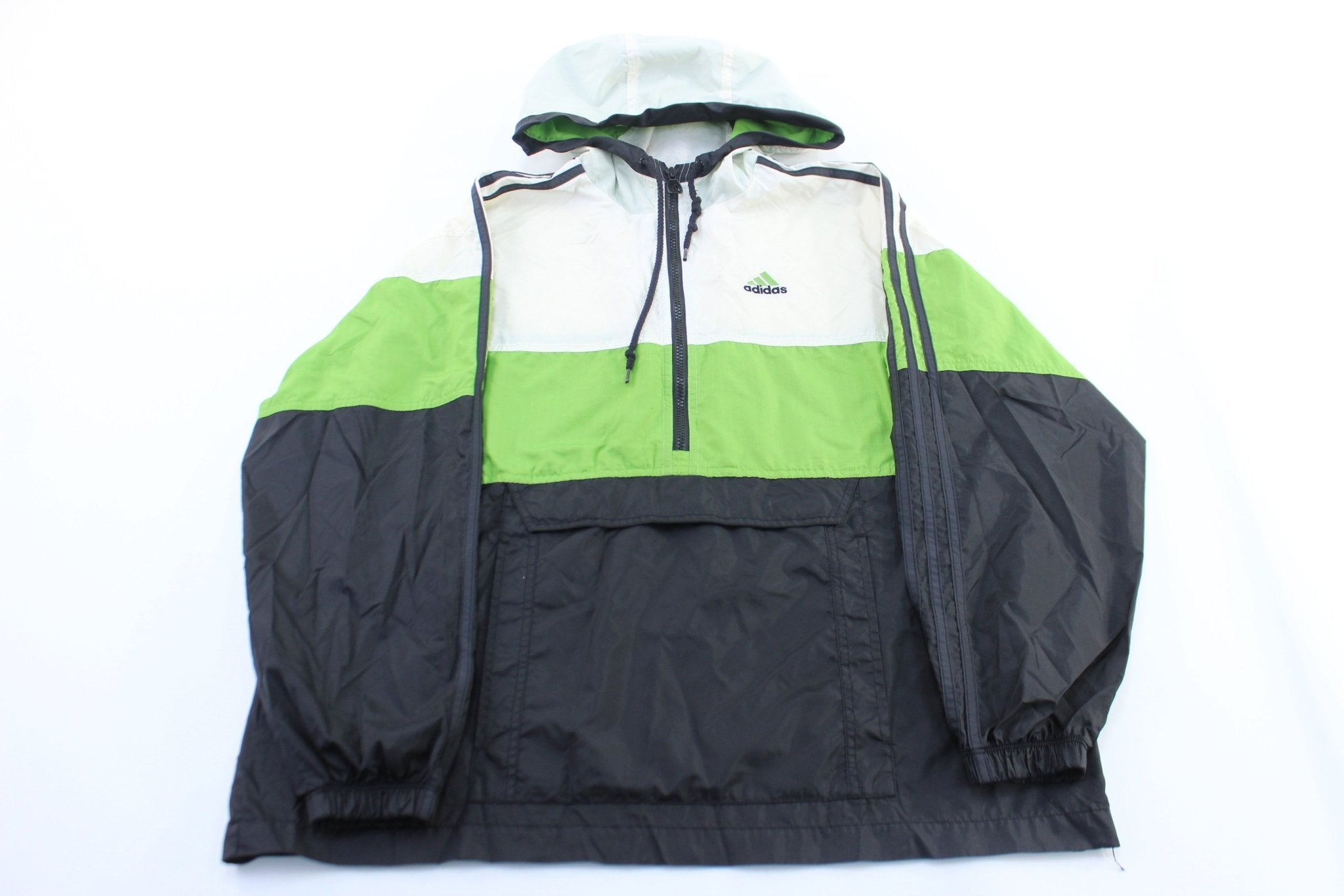 Vintage Adidas Embroidered Logo Black, Green, & White Pullover Jacket - ThriftedThreads.com
