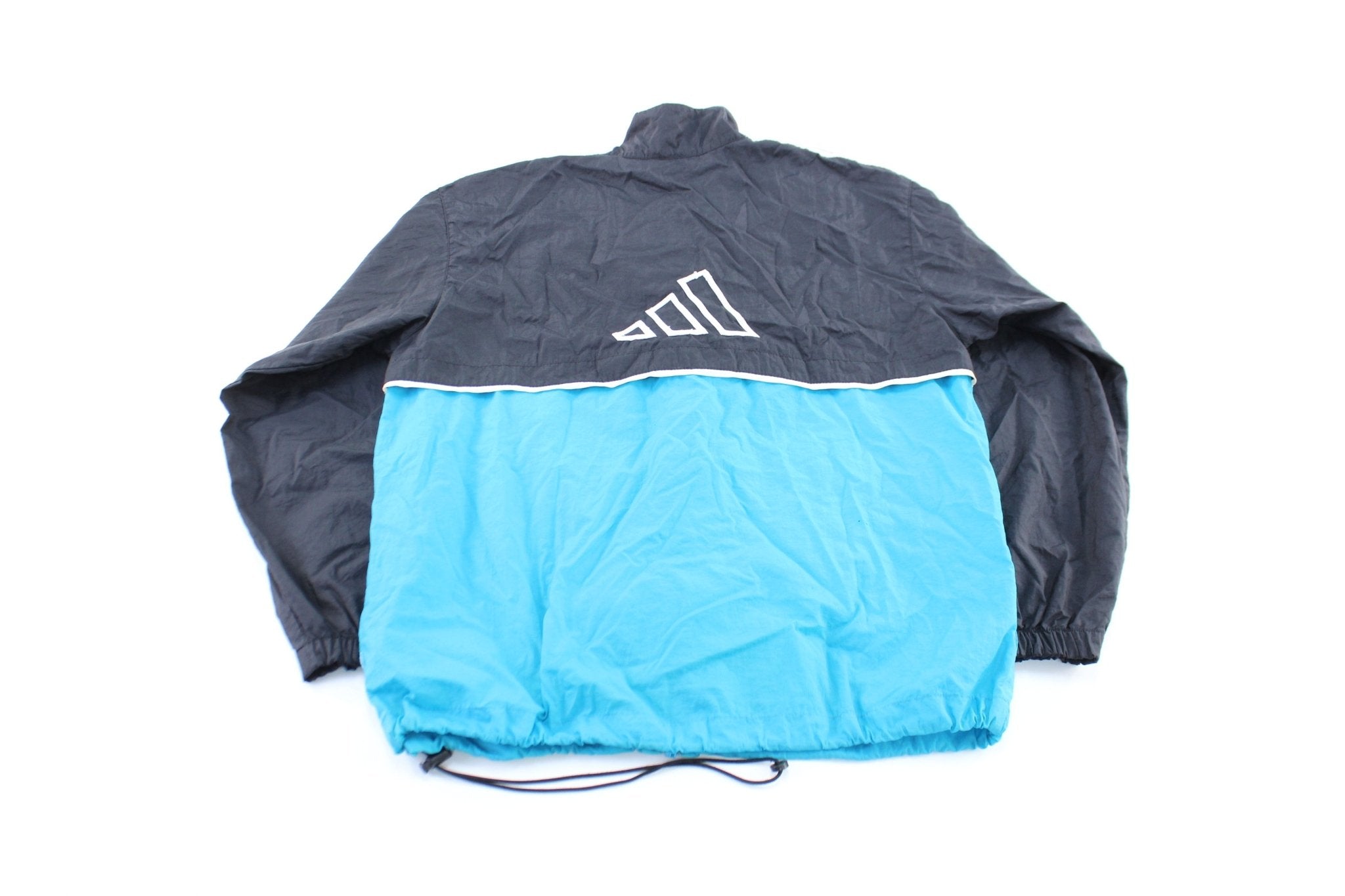 Vintage Adidas Embroidered Logo Black, White, & Aqua Striped Zip Up Jacket - ThriftedThreads.com
