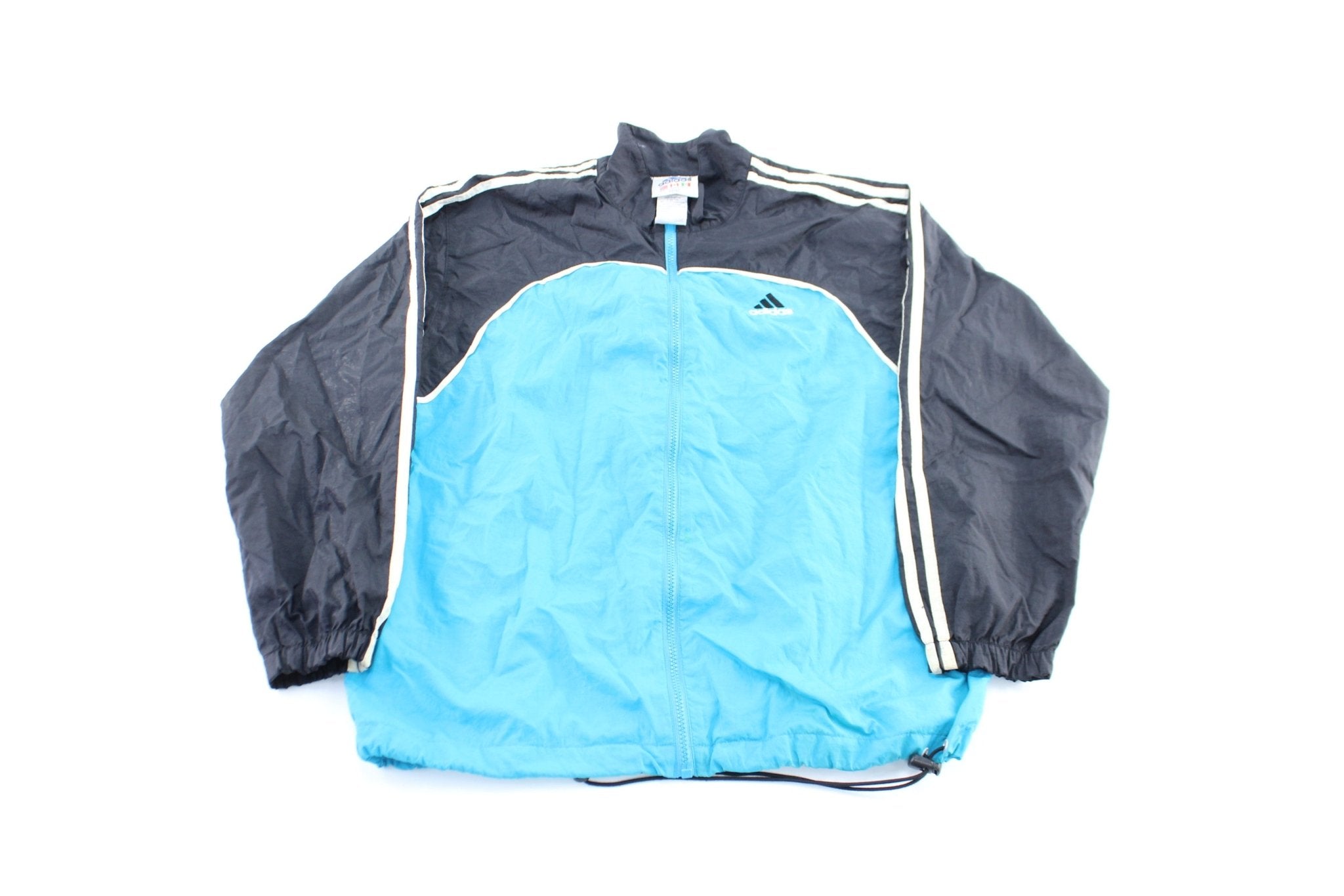 Vintage Adidas Embroidered Logo Black, White, & Aqua Striped Zip Up Jacket - ThriftedThreads.com