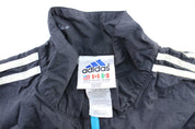Vintage Adidas Embroidered Logo Black, White, & Aqua Striped Zip Up Jacket - ThriftedThreads.com