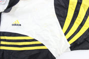 Vintage Adidas Embroidered Logo Black, White, & Yellow Striped Zip Up Jacket - ThriftedThreads.com