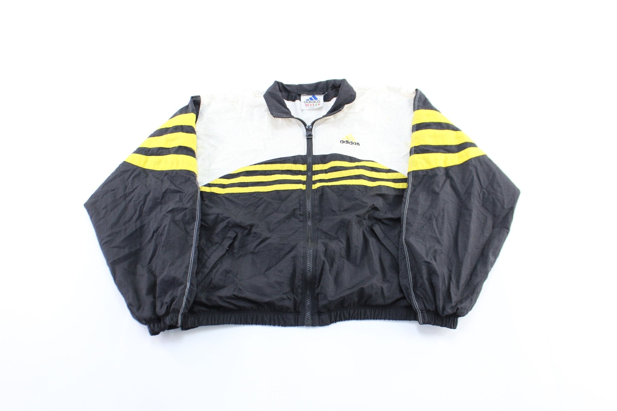 Vintage Adidas Embroidered Logo Black, White, & Yellow Striped Zip Up Jacket - ThriftedThreads.com