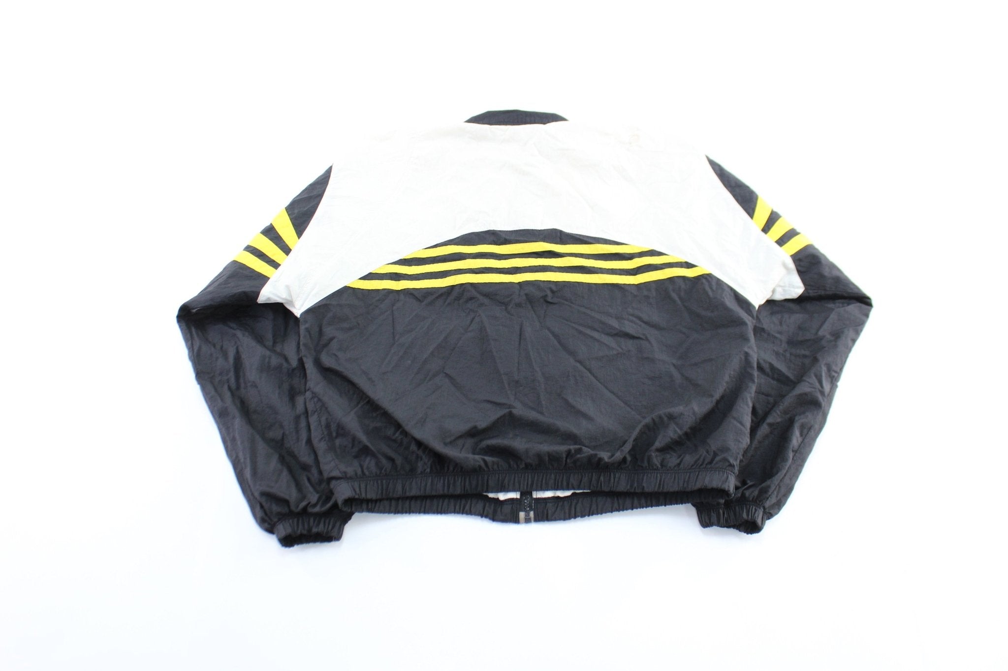 Vintage Adidas Embroidered Logo Black, White, & Yellow Striped Zip Up Jacket - ThriftedThreads.com