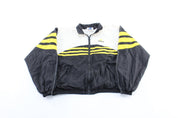 Vintage Adidas Embroidered Logo Black, White, & Yellow Striped Zip Up Jacket - Jacket - Thrifted Threads