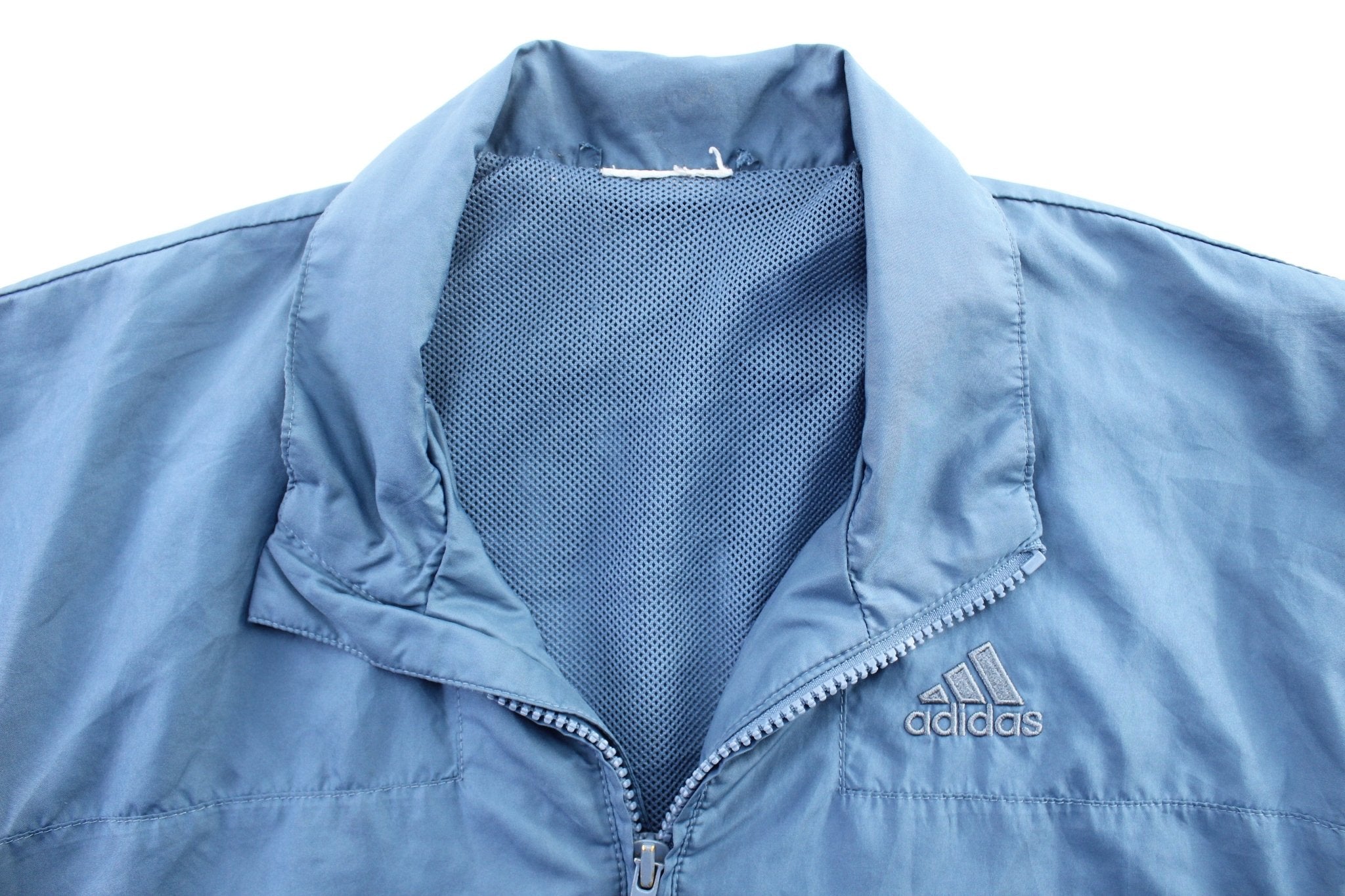 Vintage Adidas Embroidered Logo Blue & Black Striped Zip Up Jacket - ThriftedThreads.com