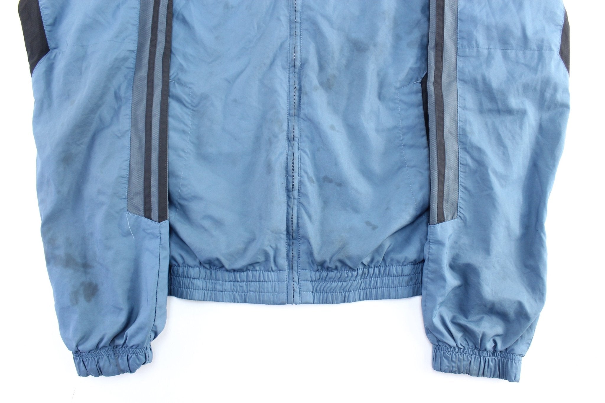 Vintage Adidas Embroidered Logo Blue & Black Striped Zip Up Jacket - ThriftedThreads.com