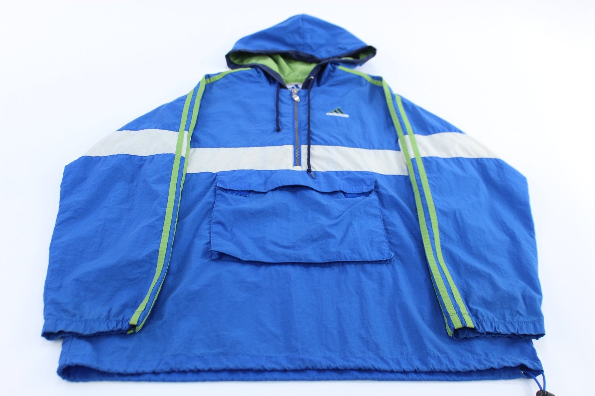 Vintage Adidas Embroidered Logo Blue, Green & White Pullover Jacket - ThriftedThreads.com
