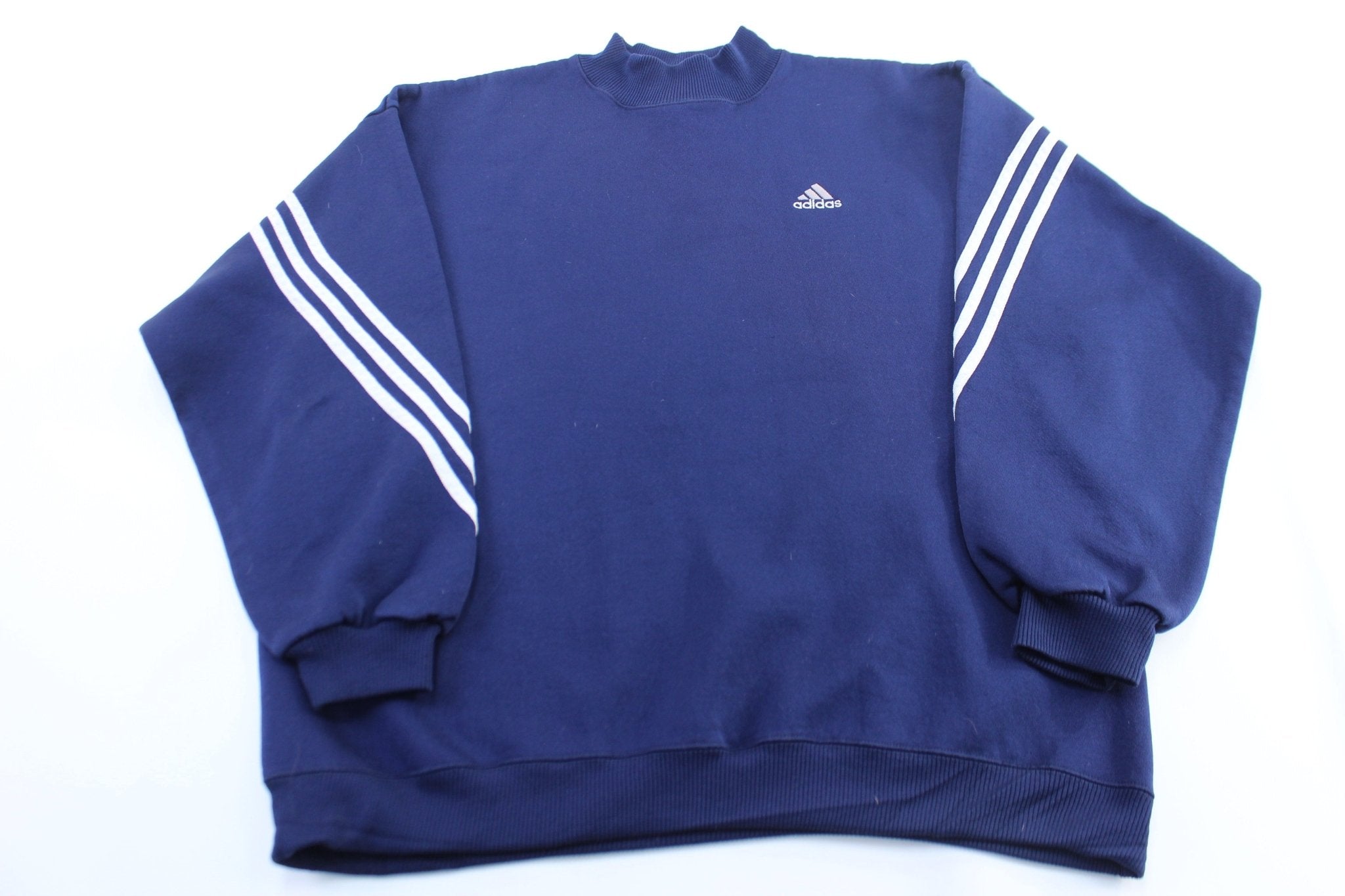 Vintage Adidas Embroidered Logo Blue & White Striped Sweatshirt - ThriftedThreads.com