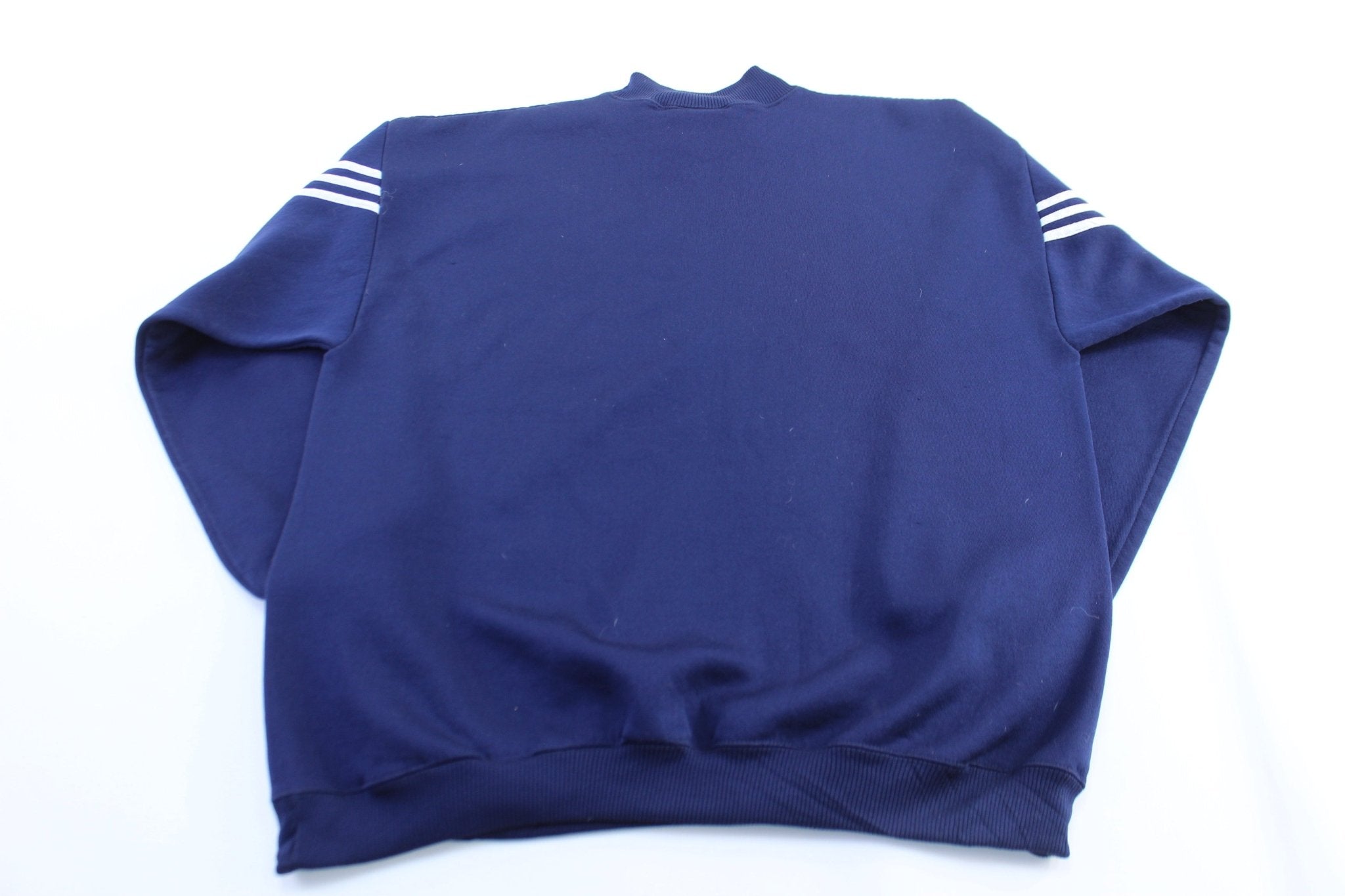 Vintage Adidas Embroidered Logo Blue & White Striped Sweatshirt - ThriftedThreads.com