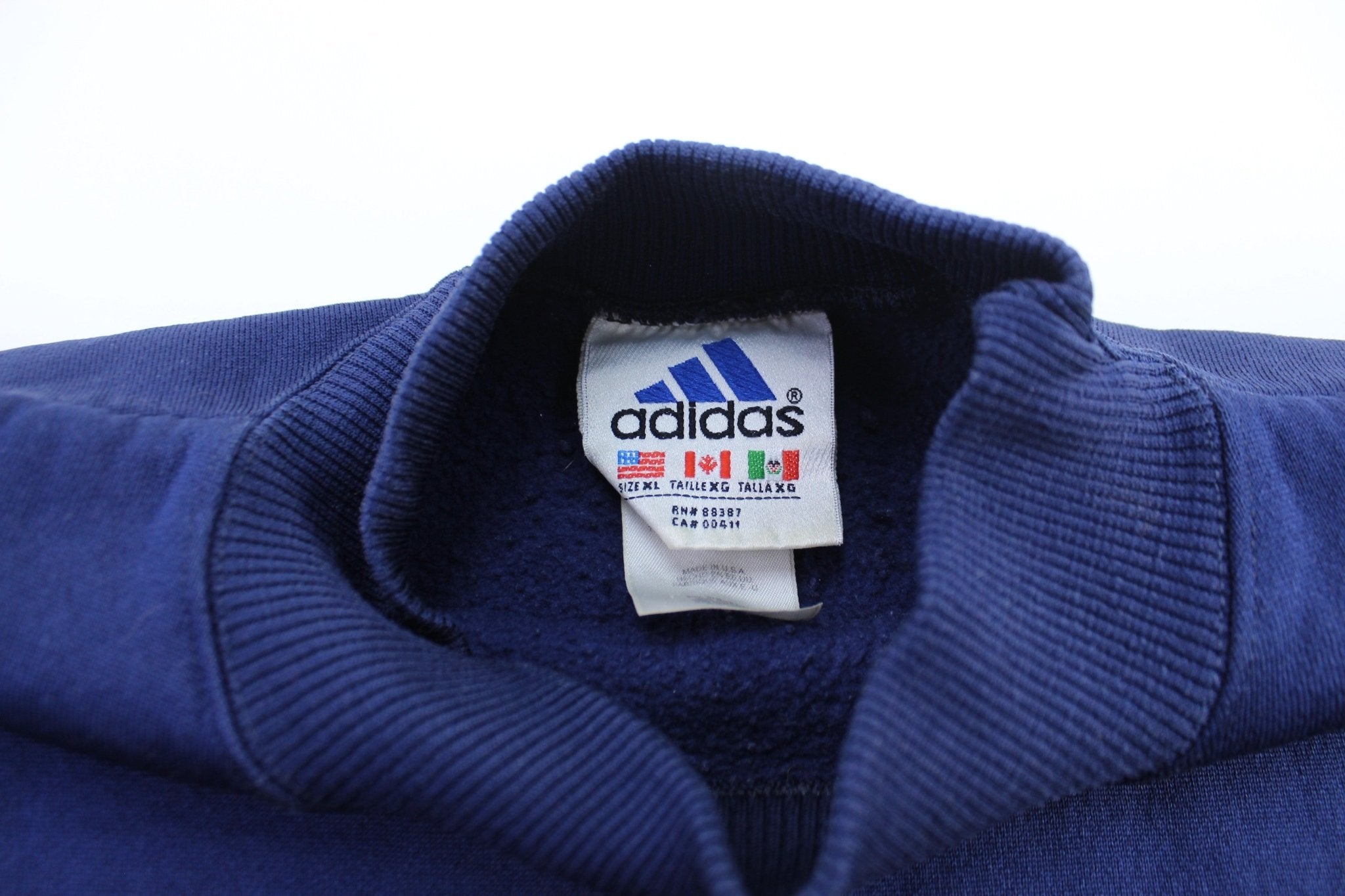 Vintage Adidas Embroidered Logo Blue & White Striped Sweatshirt - ThriftedThreads.com