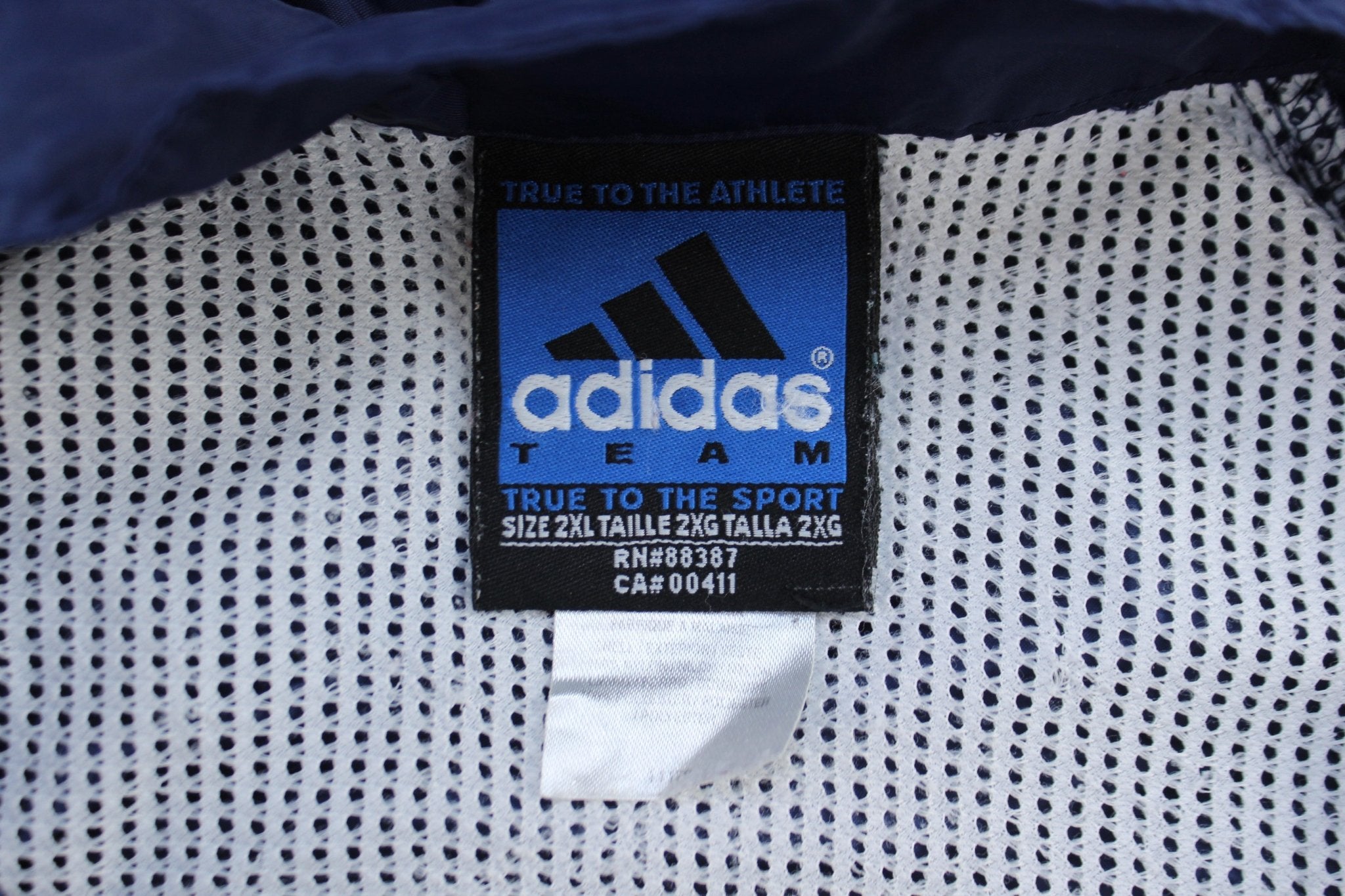 Vintage Adidas Embroidered Logo Blue & White Striped Zip Up Jacket - ThriftedThreads.com