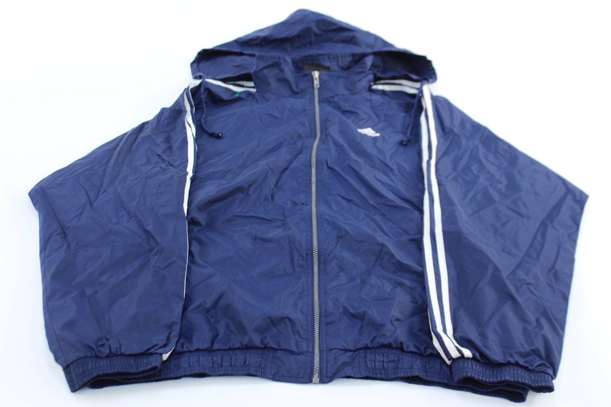 Vintage Adidas Embroidered Logo Blue & White Striped Zip Up Jacket - ThriftedThreads.com