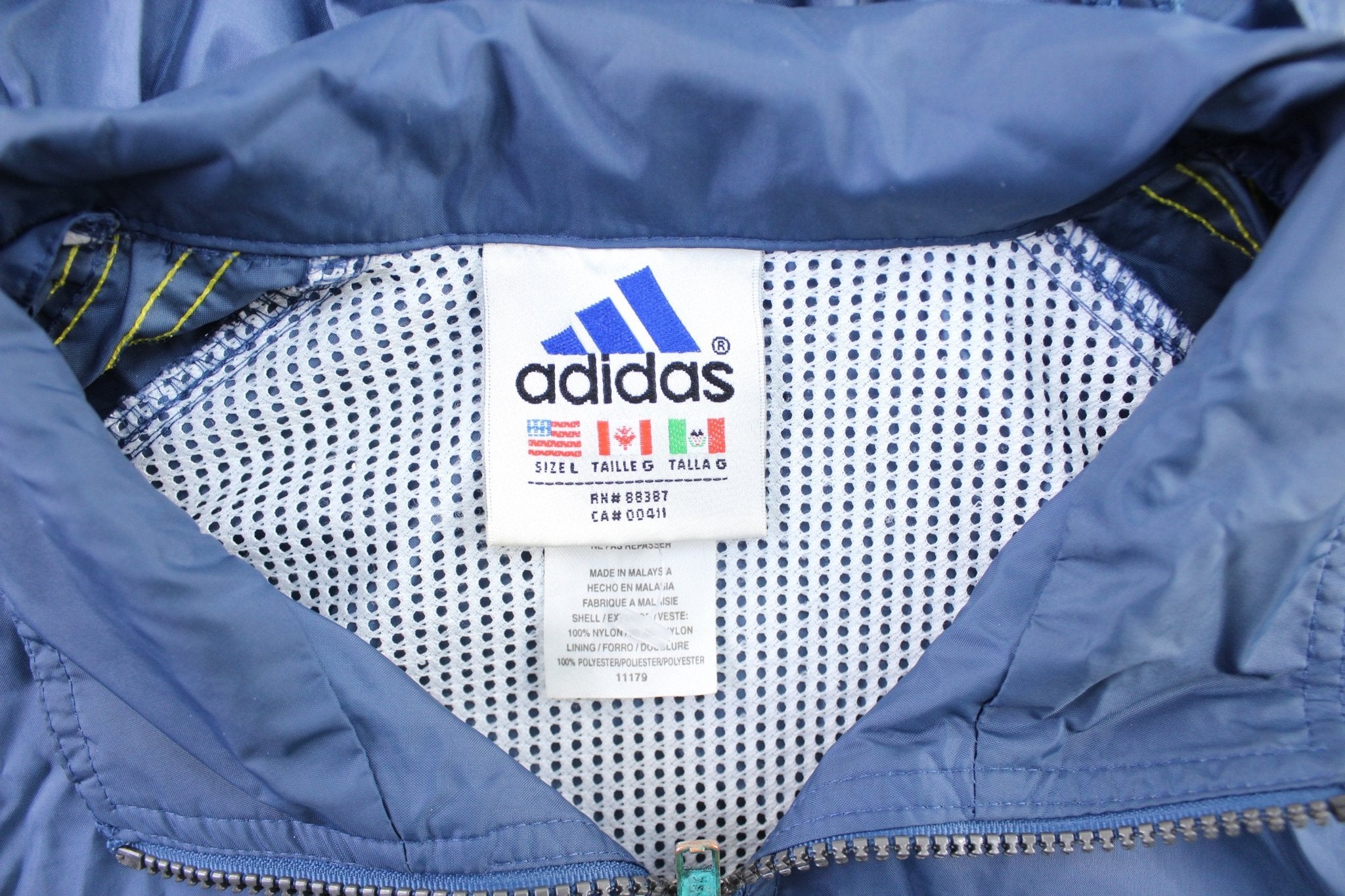 Vintage Adidas Embroidered Logo Blue & Yellow Striped Zip Up Jacket - ThriftedThreads.com