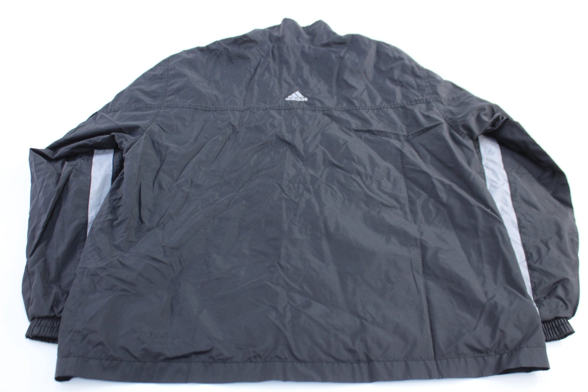 Vintage Adidas Embroidered Logo Grey & Black Striped Zip Up Jacket - ThriftedThreads.com