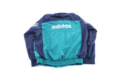 Vintage Adidas Embroidered Logo Navy Blue, Teal, & White Striped Zip Up Jacket - ThriftedThreads.com