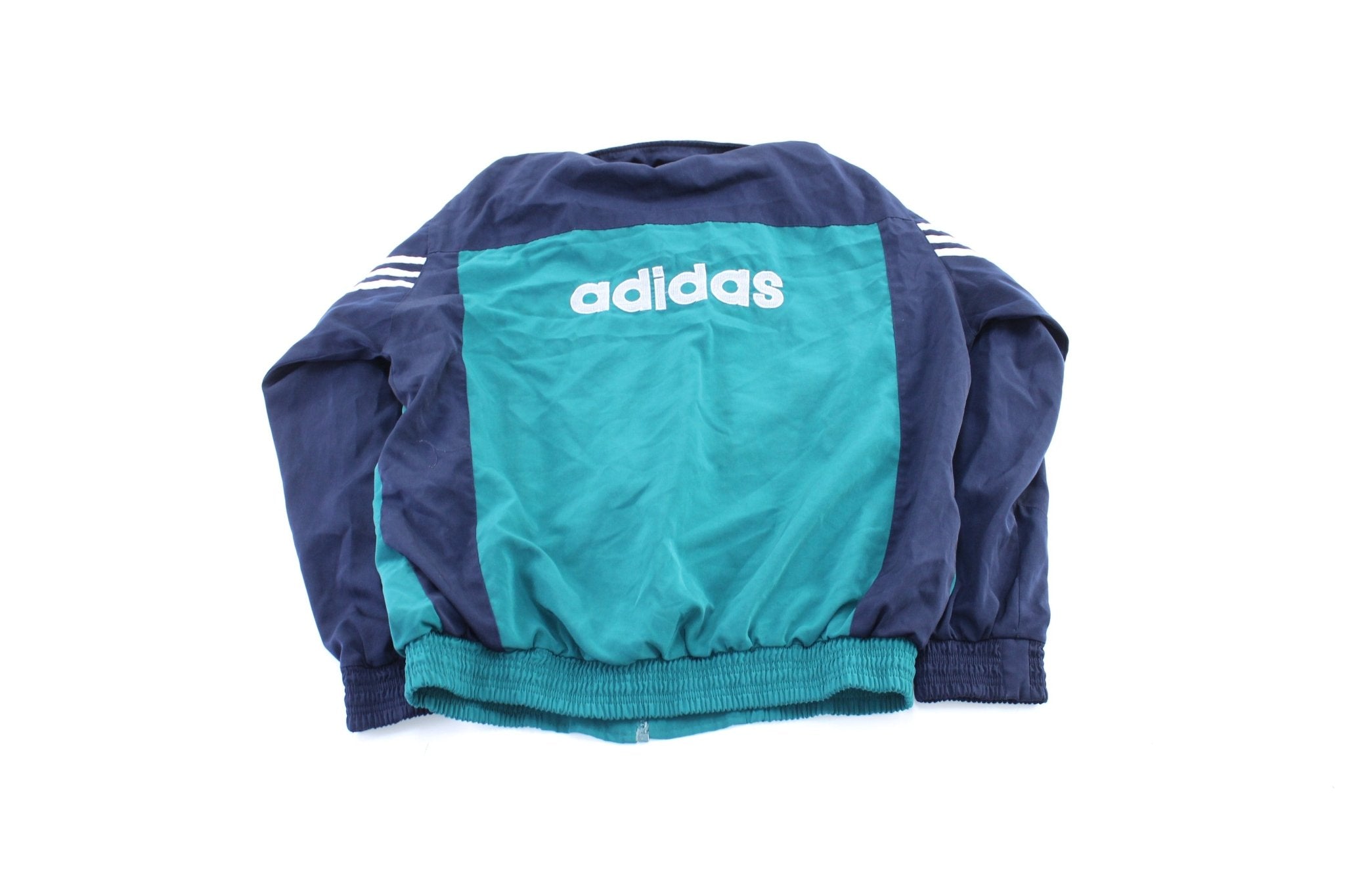 Vintage Adidas Embroidered Logo Navy Blue, Teal, & White Striped Zip Up Jacket - ThriftedThreads.com