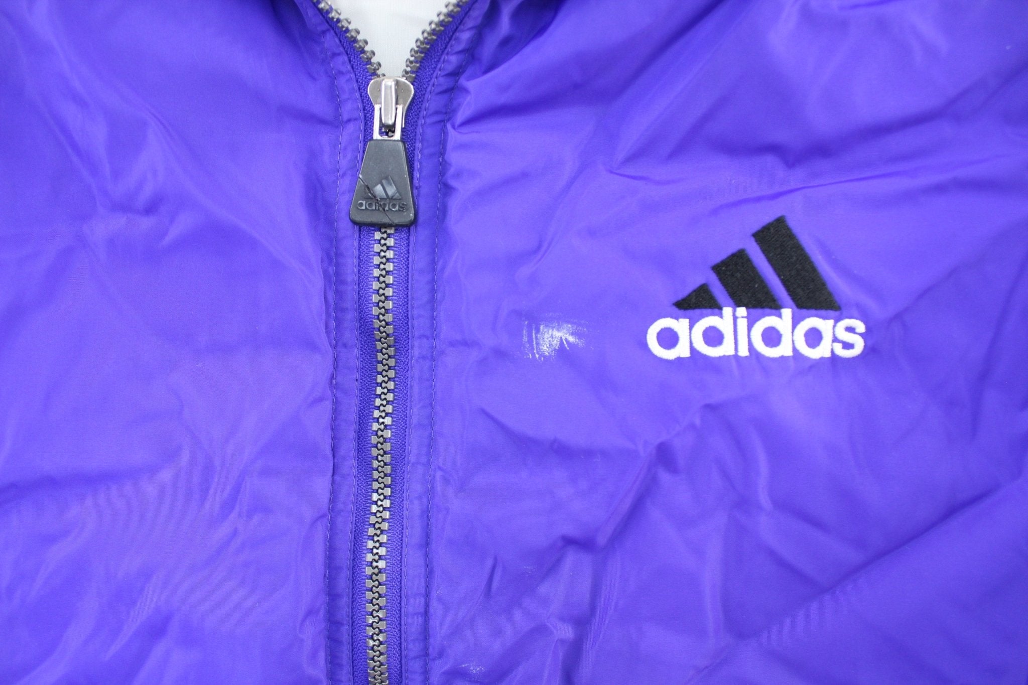 Vintage Adidas Embroidered Logo Violet, Black, & White Striped Zip Up Jacket - ThriftedThreads.com