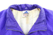 Vintage Adidas Embroidered Logo Violet, Black, & White Striped Zip Up Jacket - ThriftedThreads.com