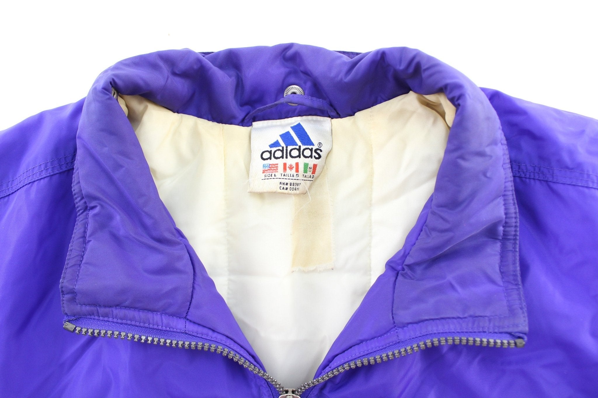 Vintage Adidas Embroidered Logo Violet, Black, & White Striped Zip Up Jacket - ThriftedThreads.com