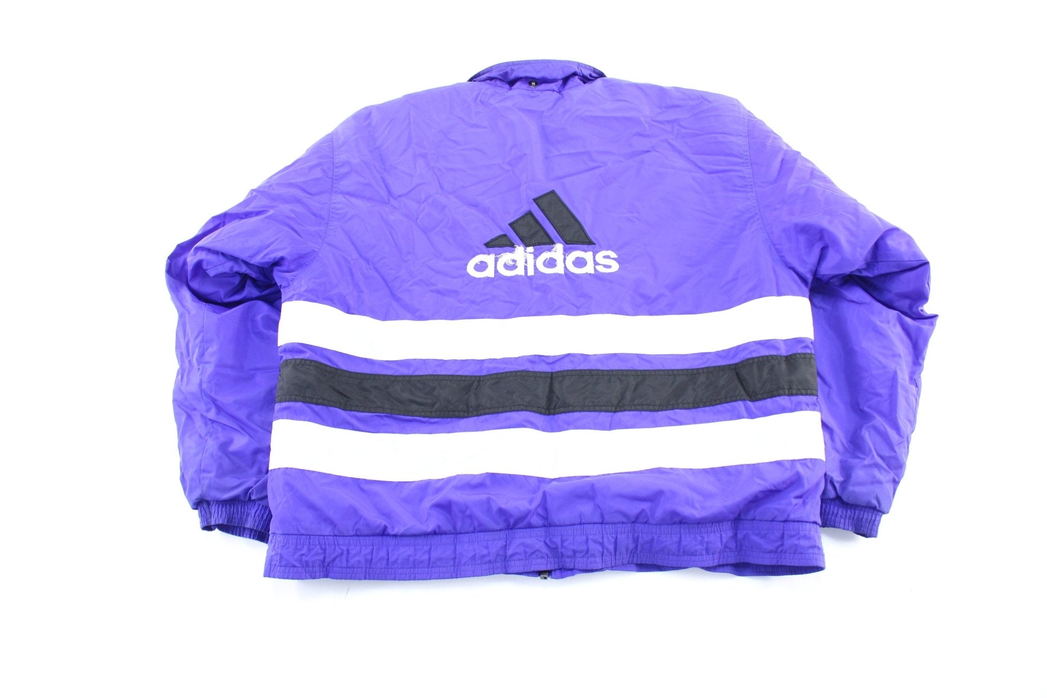 Vintage Adidas Embroidered Logo Violet, Black, & White Striped Zip Up Jacket - ThriftedThreads.com