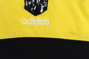 Vintage Adidas The Crew Embroidered Black & Yellow Striped T-Shirt - ThriftedThreads.com