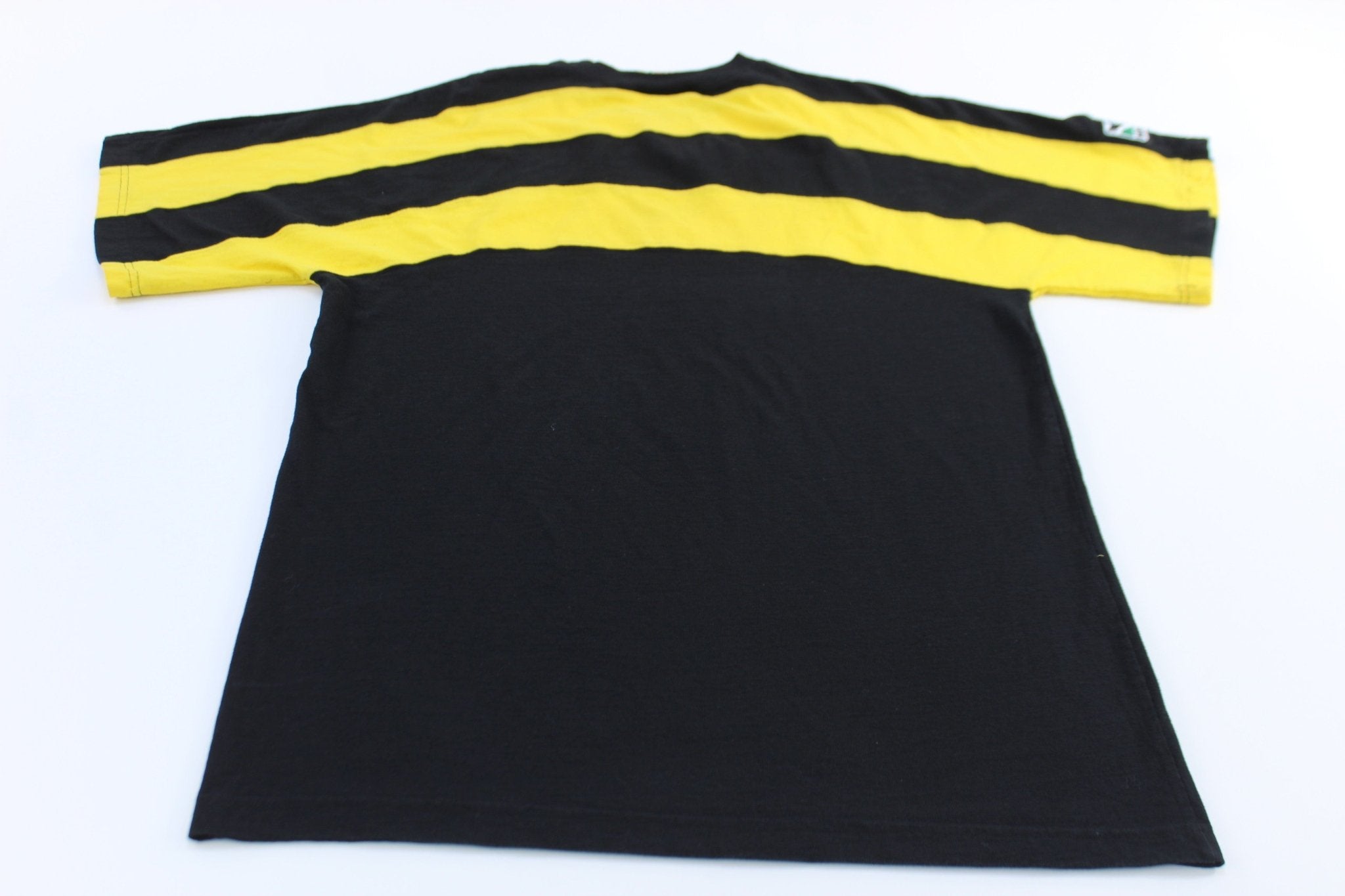 Vintage Adidas The Crew Embroidered Black & Yellow Striped T-Shirt - ThriftedThreads.com