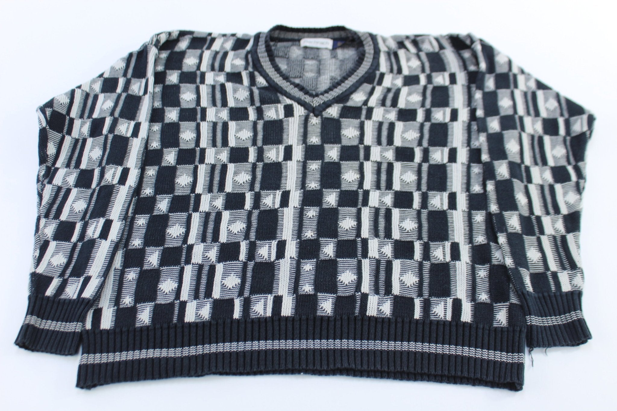 Vintage Bachrach Geometric Patterned V - Neck Sweater - ThriftedThreads.com