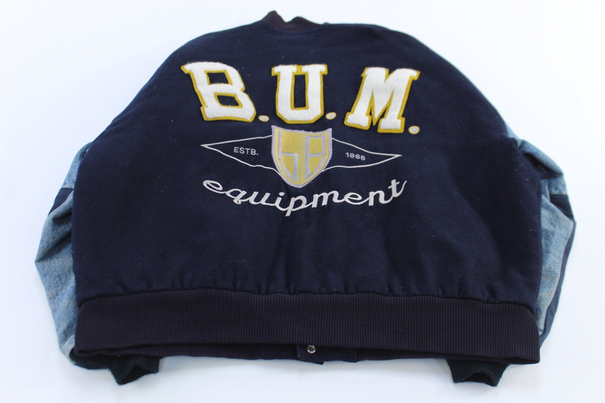 Vintage B.U.M. Equipment Embroidered Denim Varsity Jacket - ThriftedThreads.com