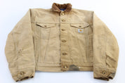Vintage Carhartt Logo Patch Tan Blanket Lined Trucker Jacket - ThriftedThreads.com