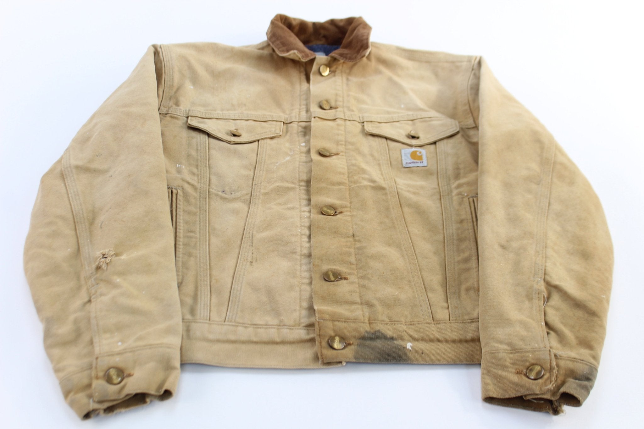 Vintage Carhartt Logo Patch Tan Blanket Lined Trucker Jacket - ThriftedThreads.com