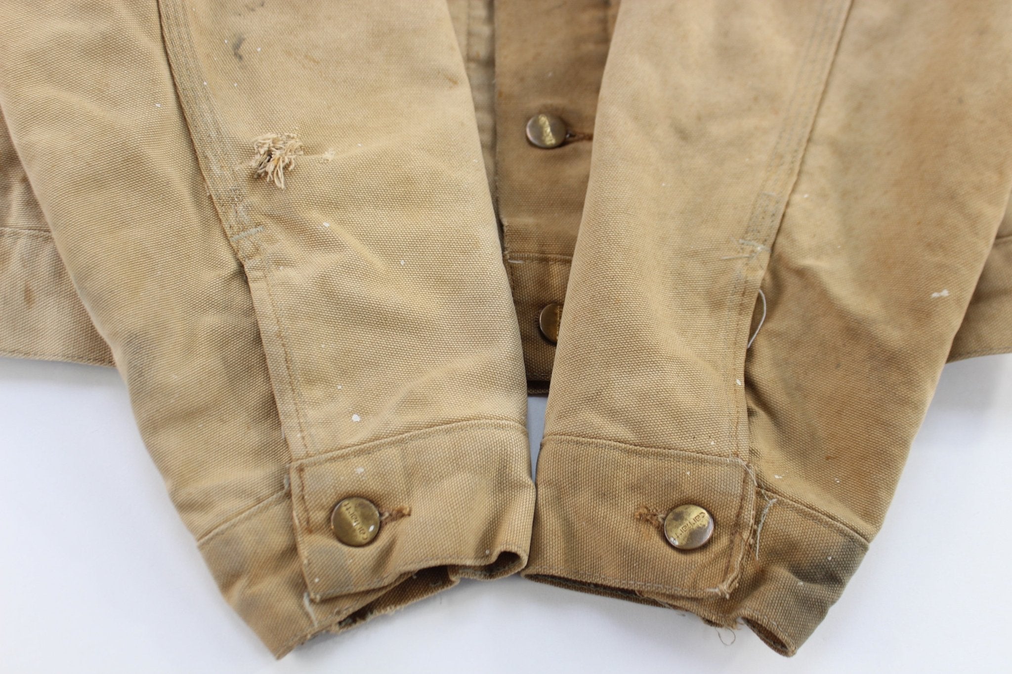 Vintage Carhartt Logo Patch Tan Blanket Lined Trucker Jacket - ThriftedThreads.com